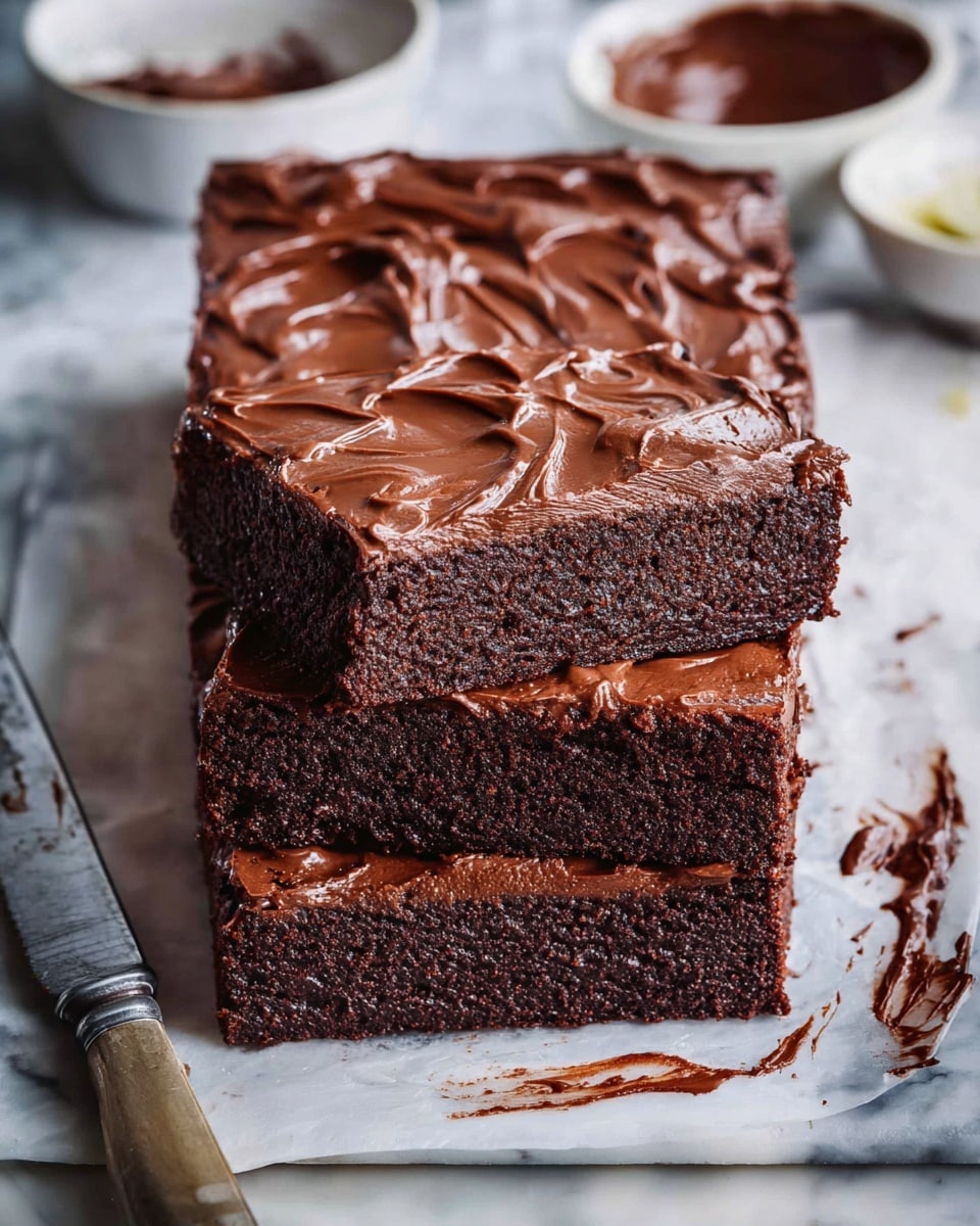 A thick, rich chocolate brownie is cut into three rectangular pieces, stacked slightly on top of each other, showing dense, moist, dark brown layers inside. The brownie is topped with a layer of smooth, glossy chocolate frosting that has swirling, textured patterns. The dessert sits on white parchment paper on a white marbled surface, with a knife beside it that has some chocolate residue. In the background, there are two white bowls, one partially visible with some chocolate inside. photo taken with an iphone --ar 4:5 --v 7