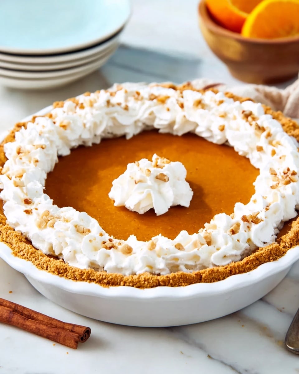 A slice of pumpkin pie with three visible layers: a thin light beige crust at the bottom, a thick smooth orange pumpkin filling in the middle, and a fluffy white whipped cream topping on one side sprinkled with small pieces of brown nuts. The slice is held above the rest of the pie which sits in a white pie dish with a wavy edge, all placed on a white marbled surface. In the blurry background are whole orange pumpkins and another slice of the pie on a white plate. Photo taken with an iphone --ar 4:5 --v 7