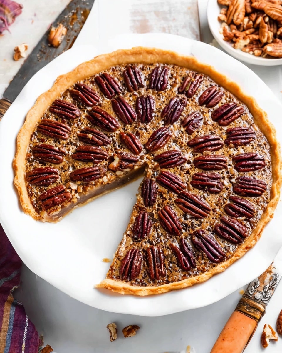 A round pecan pie with one slice cut out, showing a light golden crust around the edges, a gooey light brown filling, and a top layer covered with evenly placed whole pecans in deep brown and reddish shades; the pie sits on a white plate on a white marbled surface, with a small bowl of pecans and a vintage-style knife nearby, the focus is on the textured nuts and the glossy filling. photo taken with an iphone --ar 4:5 --v 7