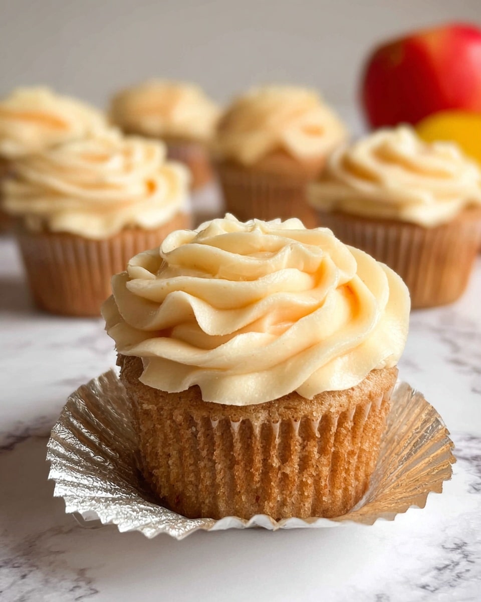 A close-up view of a single cupcake with a light brown base, textured and slightly crumbly, wrapped in a shiny, crinkled silver foil liner partially pulled back. On top is a thick, creamy swirl of pale yellow frosting with soft, smooth peaks and ridges, forming a rose-like pattern. In the background, several more cupcakes with similar frosting are slightly out of focus, placed on a white surface with a white marbled texture. To the right, there is a blurred red apple and a yellow item, also on the white marbled surface. Photo taken with an iphone --ar 4:5 --v 7