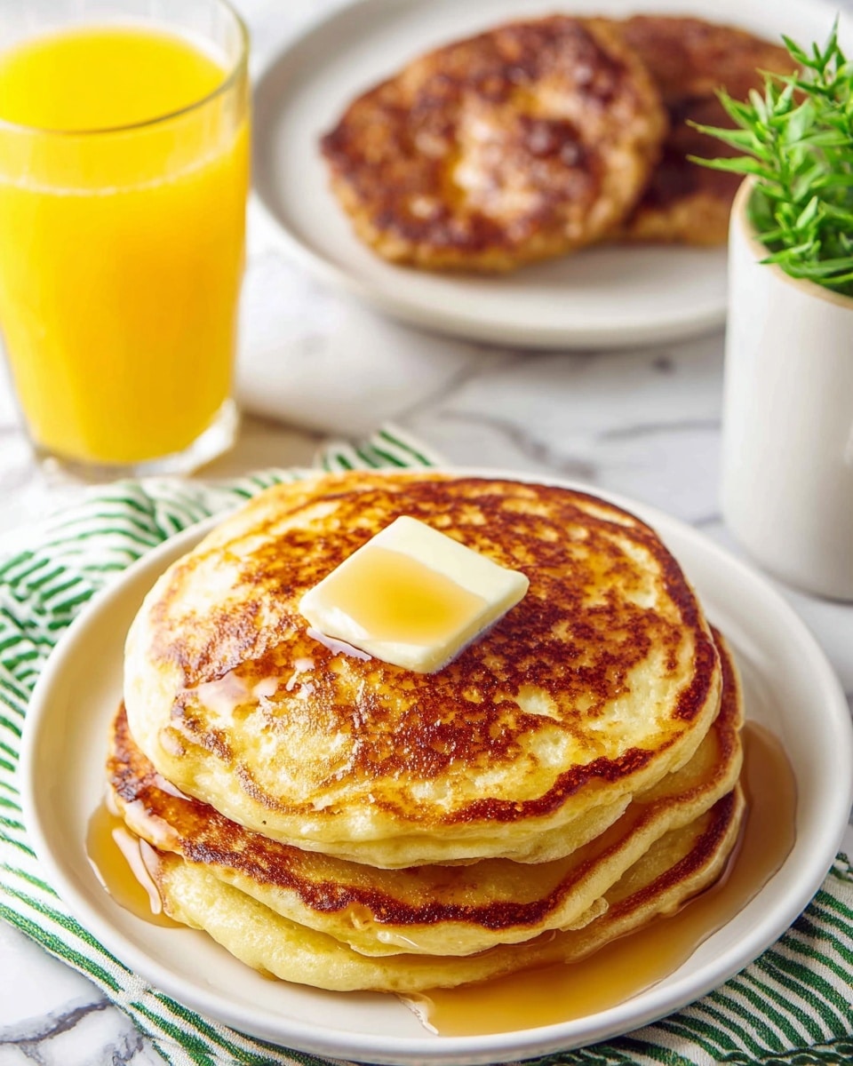 A stack of four golden-brown pancakes sits on a white plate, each pancake showing a slightly crispy and textured surface with darker brown spots from cooking. On top of the stack is a square pat of melting butter with honey or syrup drizzling down the sides. The plate rests on a green and white checkered cloth over a rustic wooden table. In the blurred background, there is a tall glass of orange juice and another white plate with a darker food item, along with a white vase with green plant leaves. The scene is set against a white marbled surface. Photo taken with an iphone --ar 4:5 --v 7