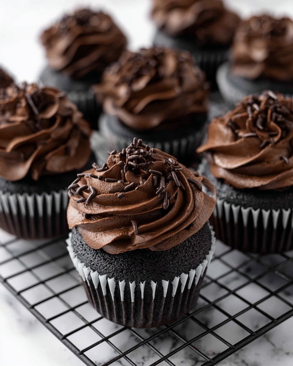 The image shows several chocolate cupcakes arranged on a black wire cooling rack over a white marbled surface. Each cupcake has a dark, moist chocolate base in white cupcake liners. On top of each cupcake is a thick swirl of smooth, dark chocolate frosting, richly textured with large, soft peaks and waves. Some cupcakes are lightly decorated with small, thin black chocolate sprinkles scattered on the frosting. The cupcakes are closely spaced, filling the frame with a warm and inviting look. photo taken with an iphone --ar 4:5 --v 7