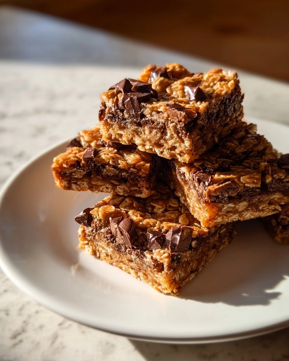 A white plate holds four square oat and chocolate chip bars stacked casually, with one bar resting on top showing three visible layers – a crumbly golden oat crust at the bottom, a moist darker chocolate layer in the middle, and a top layer of oats mixed with chunky dark chocolate pieces, giving a rough and textured look. The bars have a warm amber and brown color palette with shiny melted chocolate bits. The setting is a white marbled surface with soft natural light casting gentle shadows, making the bars look fresh and inviting. photo taken with an iphone --ar 4:5 --v 7