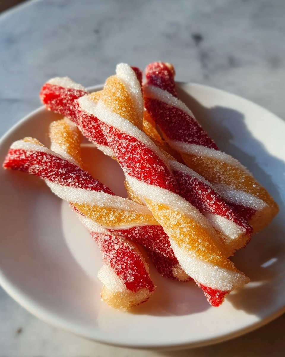 A white plate holds four twisted candy sticks arranged in a pile. Each twist has three layers: a bright red sugary layer alternating with a golden yellow soft layer and a white sugary layer. The red and white layers appear grainy and covered in sugar crystals, while the golden layer looks smooth and soft. The candy sticks have a shiny texture and catch warm light, creating a cozy, sweet look. The plate sits on a white marbled surface with soft natural lighting. photo taken with an iphone --ar 4:5 --v 7