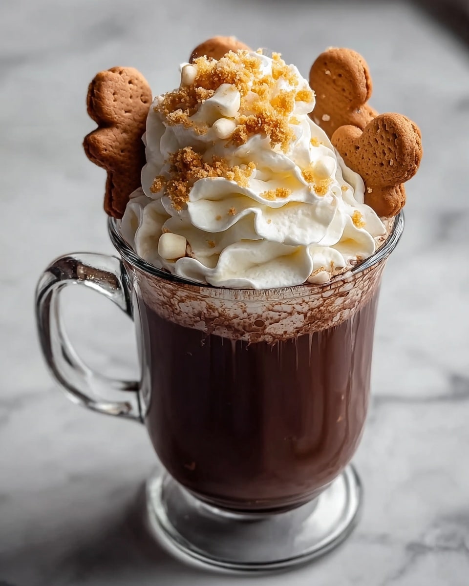 A clear glass mug filled with thick dark brown hot chocolate, topped with a large swirl of white whipped cream sprinkled with crumbled golden-brown cookie pieces. Around the whipped cream are four small light brown gingerbread cookies with white chunks, sticking out from the sides. The drink sits on a white marbled surface, with the mug handle on the left side. Photo taken with an iphone --ar 4:5 --v 7