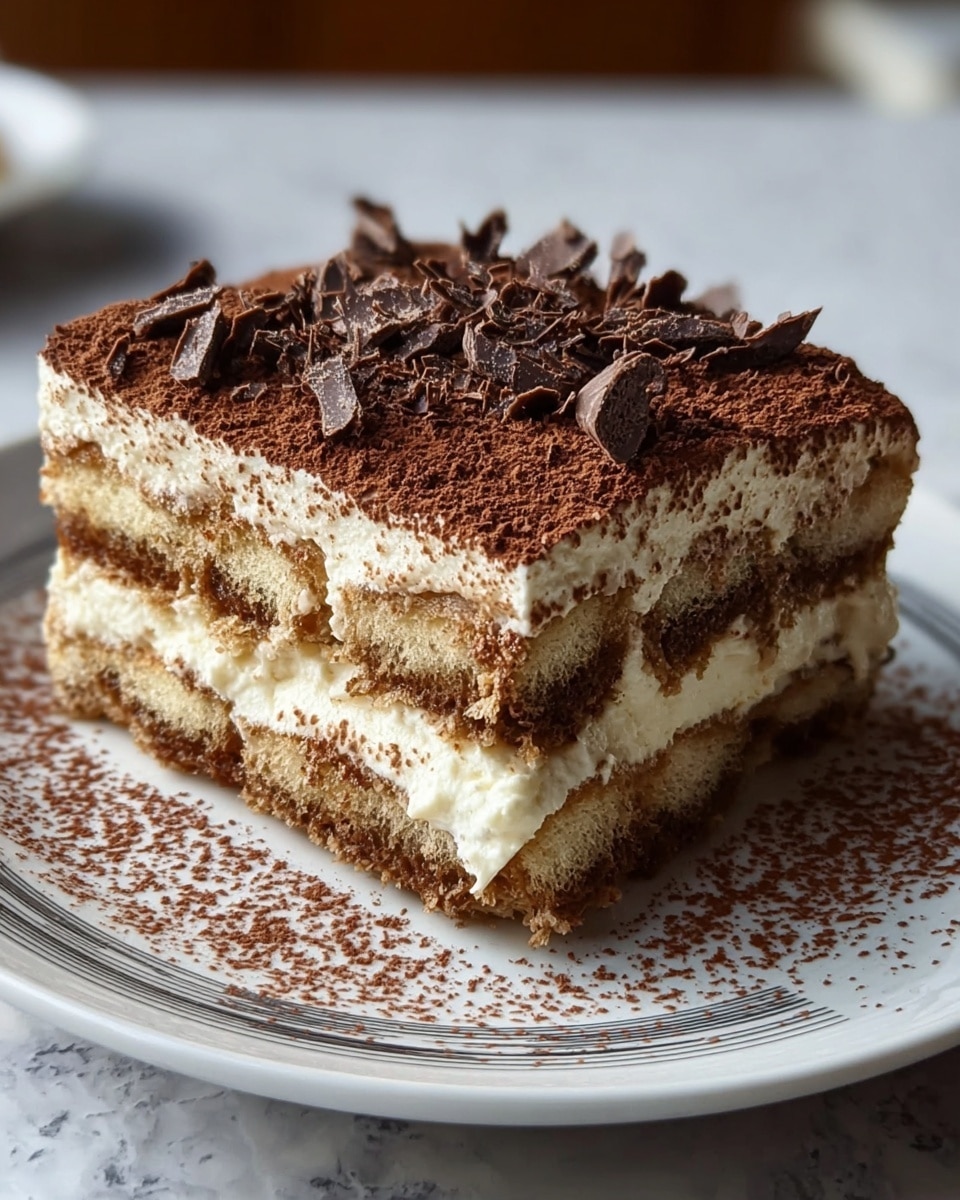 A square slice of tiramisu sits on a white plate with a simple gray stripe, placed on a white marbled texture. The dessert has three visible layers; the bottom and middle layers are made of soft, light brown soaked ladyfingers, while two thick creamy off-white mascarpone layers separate and top the ladyfingers. The top layer is dusted generously with fine dark cocoa powder and is decorated with dark chocolate shavings scattered unevenly over the surface. Some cocoa powder is also sprinkled around the slice on the plate, adding a rustic touch. Photo taken with an iphone --ar 4:5 --v 7