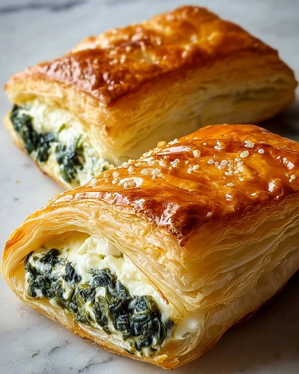 Two pieces of golden brown puff pastry filled with creamy white cheese mixed with dark green spinach inside. Each pastry piece shows layers of flaky, thin crust with a shiny surface, slightly crisp and browned on top. The inside filling looks soft and smooth, nestled evenly between the pastry layers. The pastries rest close together on a white marbled surface. Photo taken with an iphone --ar 4:5 --v 7