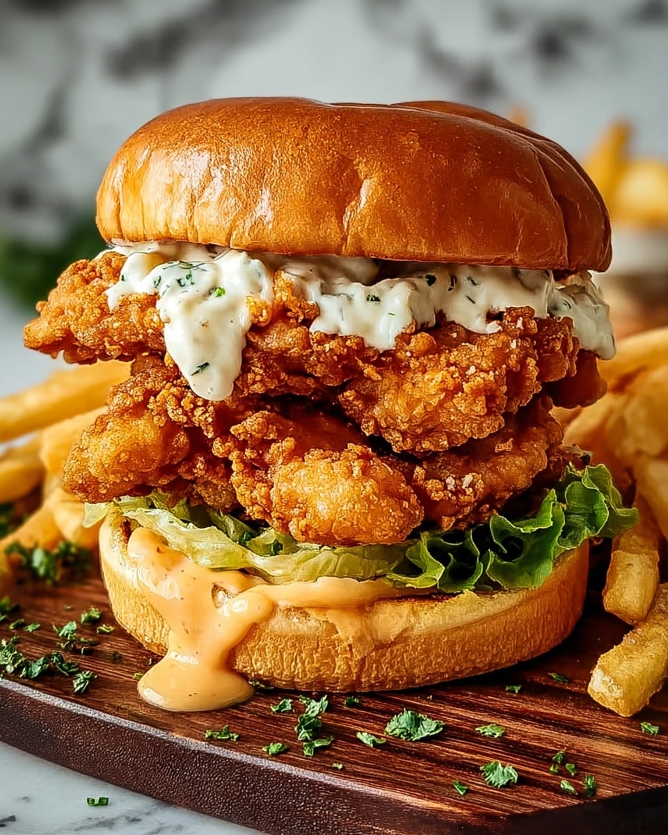 A close-up of a fried chicken sandwich with three crunchy golden-brown fried chicken fillets stacked inside a soft, shiny toasted bun. Between the chicken layers is a creamy white sauce with small herb bits, and below the bottom chicken fillet is a layer of thick, light orange sauce that drips slightly onto a layer of fresh green lettuce and the bun's base. The sandwich is placed on a dark wooden board with some scattered green herb flakes and a few crisp, golden French fries around it, all on a white marbled surface. photo taken with an iphone --ar 4:5 --v 7