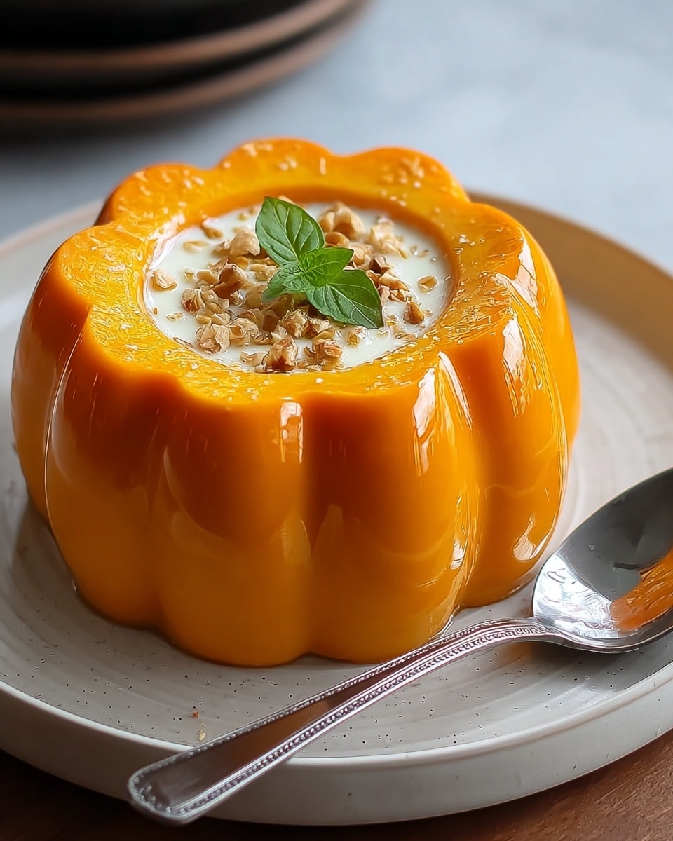 The image shows a dessert shaped like a small pumpkin with three layers. The bottom layer is a smooth, pale yellow base. The middle layer is a light orange color, thicker than the bottom, with a soft, jelly-like texture. The top layer is a bright, glossy orange ring looking like a pumpkin’s top edge, surrounding a white creamy center sprinkled with crushed nuts. A single small green leaf decorates the middle of the white center. The dessert sits on a white plate with a dark rim placed on a white marbled surface, and a silver spoon is next to it. Photo taken with an iphone --ar 4:5 --v 7