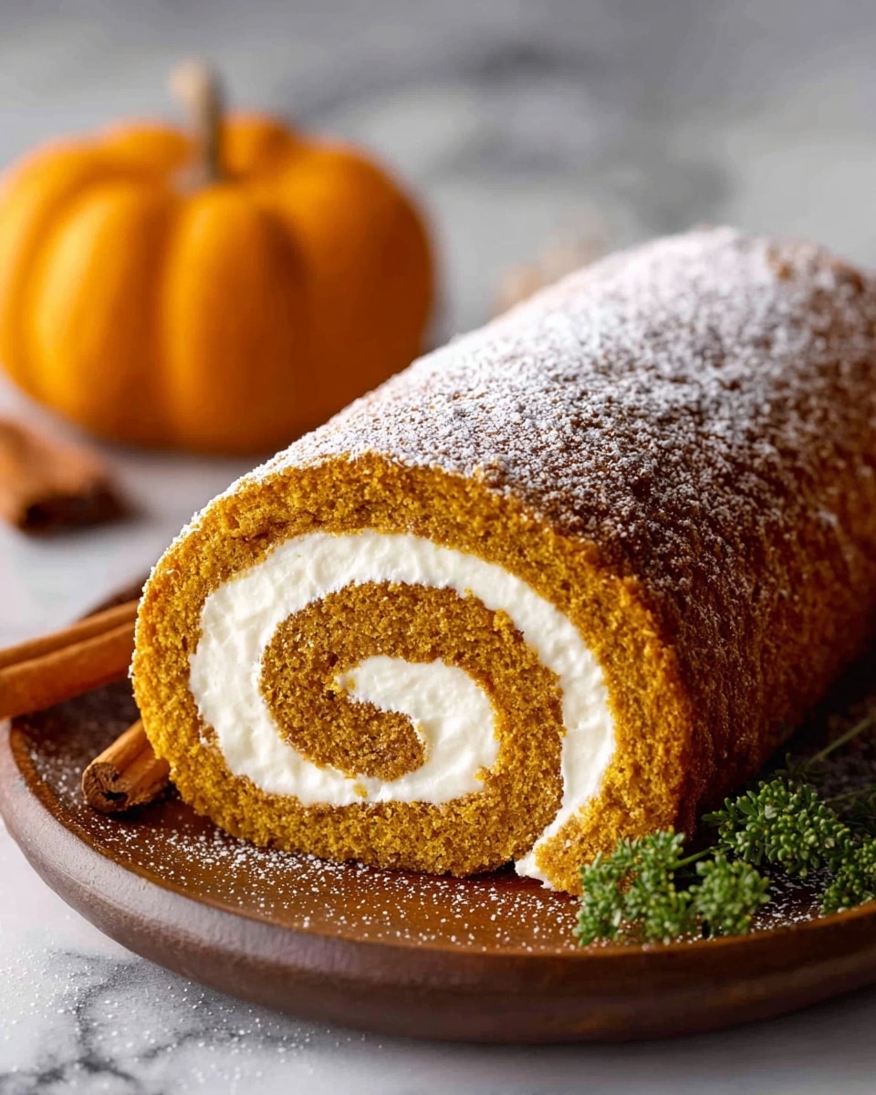 The image shows a pumpkin roll cake with two visible layers: a golden brown cake layer wrapped around a thick, smooth white cream cheese filling, forming a spiral. The outer cake surface is dusted evenly with powdered sugar, adding a light white texture. The cake is placed on a white plate with a white marbled surface underneath. In the background, there is an out-of-focus small pumpkin and cinnamon sticks, adding an autumn feel. Near the front edge, a small bunch of green herbs adds a fresh touch. Photo taken with an iphone --ar 4:5 --v 7