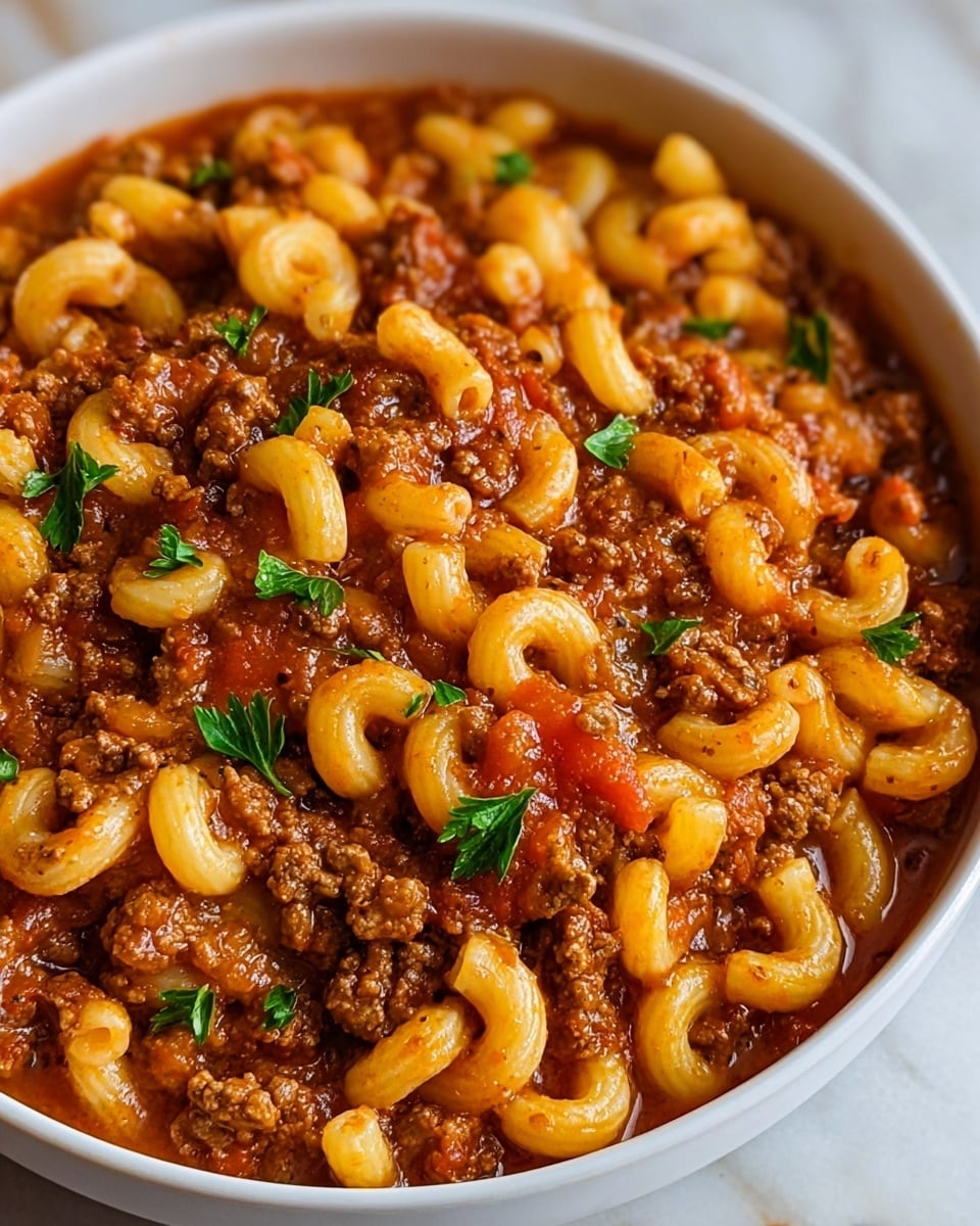 A close-up view of a white bowl filled with a thick mixture of elbow macaroni pasta and ground beef in a rich, reddish-brown tomato sauce, with visible small chunks of tomato and bits of green parsley leaves scattered on top. The pasta is pale yellow and slightly glossy, while the beef is finely crumbled and well-mixed into the sauce, creating a textured, hearty appearance. The dish looks warm and comforting, sitting on a white marbled surface. photo taken with an iphone --ar 4:5 --v 7
