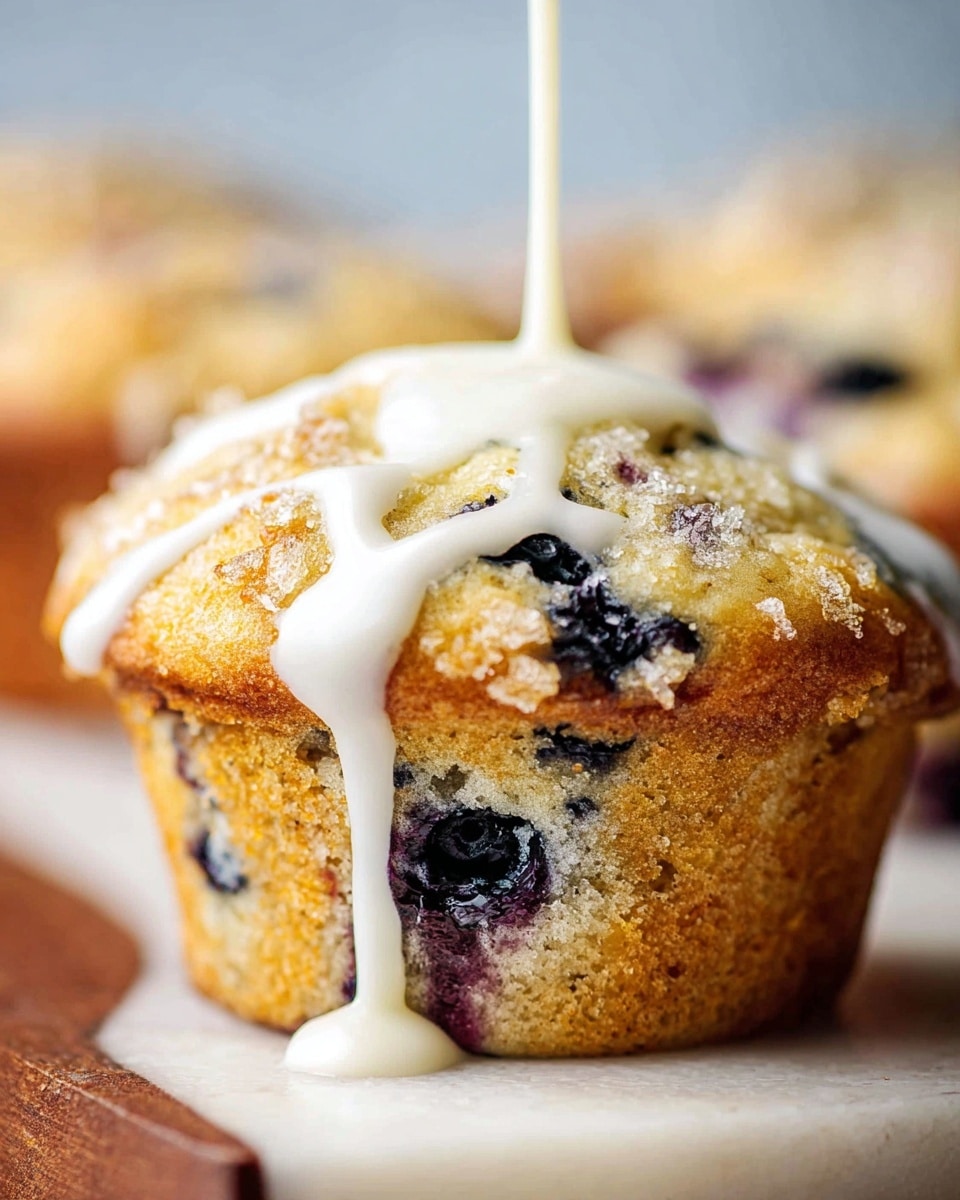 A close-up of a golden brown blueberry muffin with a crumbly top layer showing slightly roasted bits and embedded juicy dark purple blueberries in the middle and bottom visible through the cake’s light, fluffy texture; a thick, white creamy icing is being drizzled from above, flowing in smooth lines over the muffin’s rounded top and dripping slightly down the side, all set against a white marbled surface with blurred background hints of more muffins photo taken with an iphone --ar 4:5 --v 7
