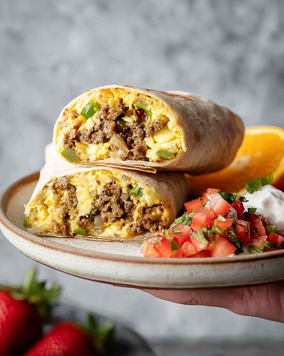 A white plate holds a breakfast burrito cut in half, stacked with one half leaning on the other, showing three filling layers: green bell pepper pieces, fluffy yellow scrambled eggs, and browned ground sausage mixed with small bits of onion, all wrapped in a light brown tortilla. On the plate beside the burrito is a scoop of fresh tomato salsa with diced red tomatoes, green herbs, and white onion chunks. In the background, there are bright orange slices, a dollop of sour cream, and fresh red strawberries partially visible. A woman's hand holds the plate from both sides, and the backdrop is a white marbled texture. photo taken with an iphone --ar 4:5 --v 7