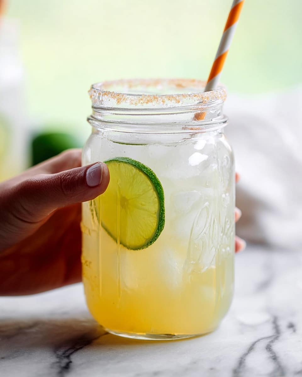 The image shows a close-up of a clear mason jar filled with a light yellow drink and ice cubes, with a thin green lime slice inside near the front of the jar. The jar's rim is coated with a layer of salt or sugar, adding texture. A woman's hand is holding a white and orange striped straw placed inside the jar. The background is soft and blurred with a white marbled texture visible below, creating a clean and bright look. Photo taken with an iphone --ar 4:5 --v 7
