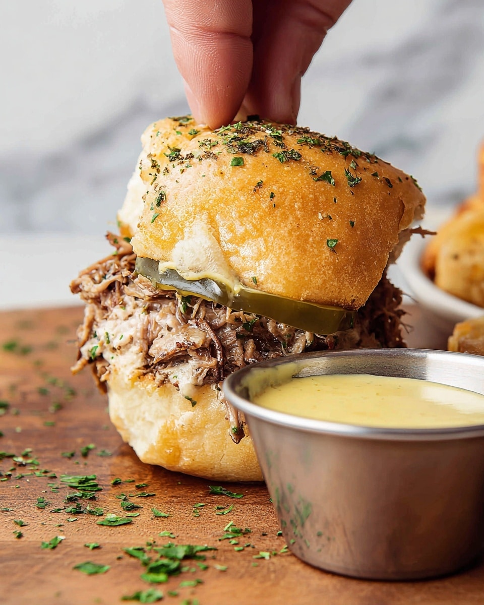 A close-up view of a sandwich held by a finger gently pressing the top. The sandwich has three visible layers: the top layer is a light golden-brown bun with a soft and slightly textured surface sprinkled with herbs; below it is a dark green pickle slice with a smooth texture; the main layer contains shredded, juicy brown pulled meat. The sandwich is dipped into a small metal cup filled with creamy yellow sauce. The scene is set on a wooden table with some green herb sprinkles scattered around, and the background shows a white marbled texture. photo taken with an iphone --ar 4:5 --v 7