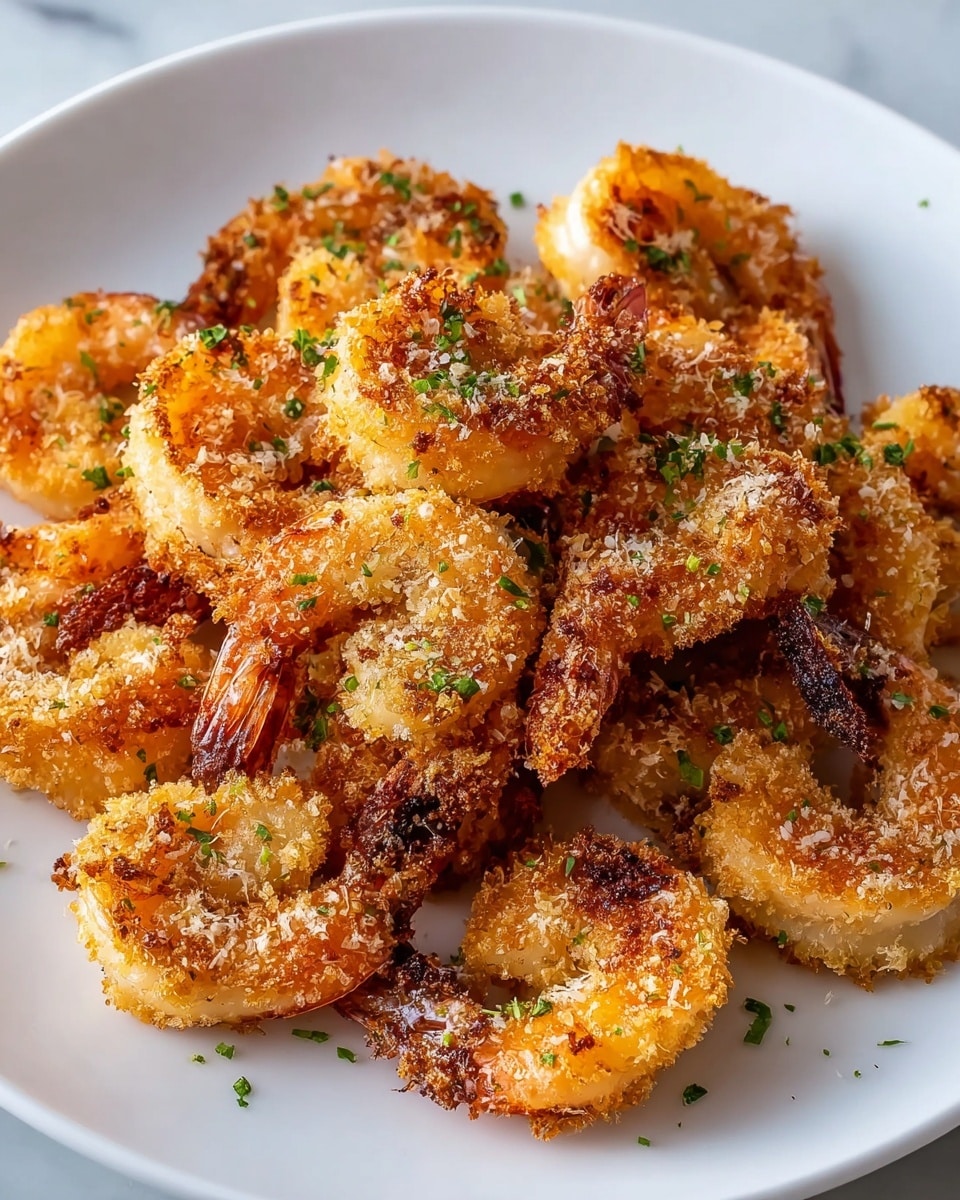A white plate holds a generous pile of golden-brown breaded shrimp, showing a crunchy texture on the outside with a slightly charred look in some areas. The shrimp are curled in shape, with visible tails that are darker brown, adding contrast. Small green herb bits are sprinkled on top, giving a fresh touch to the crispy crust. The surface beneath the plate has a white marbled texture. photo taken with an iphone --ar 4:5 --v 7