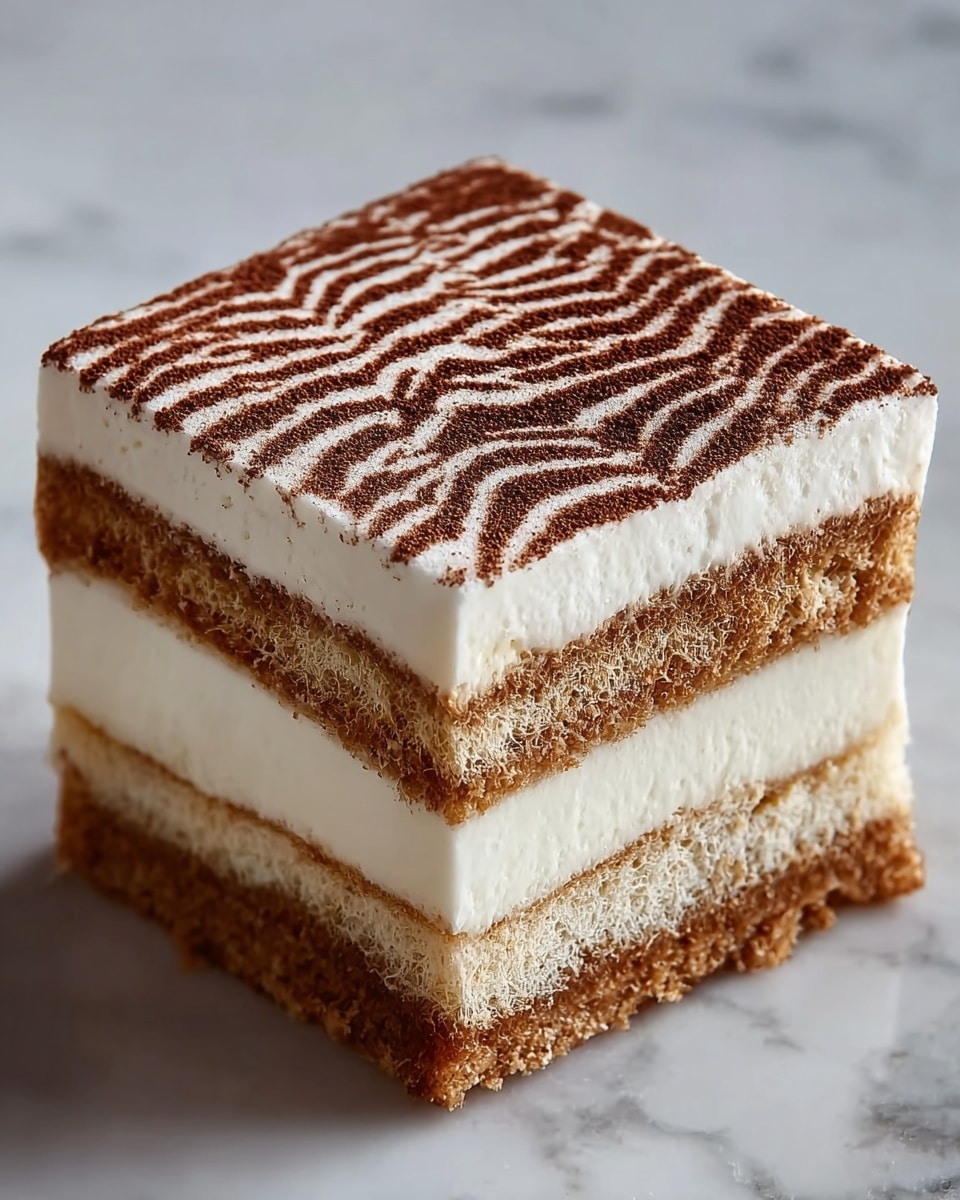 The image shows a square-shaped dessert with six clear layers, starting from the bottom with a crumbly light brown layer that looks crunchy. Above it is a thick, smooth white creamy layer, followed by another crumbly light brown layer. Then, another thick white creamy layer sits in the middle, topped with a light brown crumbly layer, and finally, a thick white creamy layer at the top. The top layer is dusted with cocoa powder laid out in a wavy pattern. The dessert is placed on a surface with a white marbled texture. photo taken with an iphone --ar 4:5 --v 7