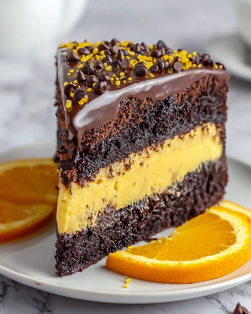 A slice of two-layer dark chocolate cake with a thick middle layer of yellow custard cream, topped with glossy dark chocolate ganache decorated with small dark chocolate chips and tiny yellow sprinkles. The cake sits on a white plate, accompanied by two bright orange slices on the side. The backdrop is a white marbled texture, highlighting the rich colors and moist texture of the cake. photo taken with an iphone --ar 4:5 --v 7