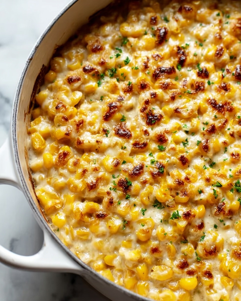 A close-up view of a creamy corn dish in a white pot with a silver rim, filled with tender yellow corn kernels mixed into a thick, creamy sauce. The top layer shows scattered browned spots from broiling, adding a golden-brown texture, with small green parsley flakes sprinkled evenly for color contrast. The pot sits on a surface with a white marbled texture, enhancing the bright yellow and creamy white colors of the dish. photo taken with an iphone --ar 4:5 --v 7