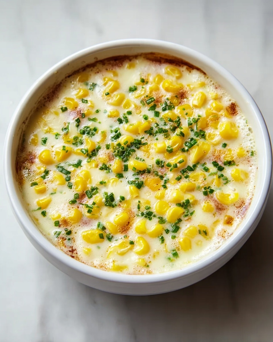 A white bowl filled with a creamy corn dish showing three visible layers: the bottom layer is a smooth, pale cream base, the middle layer consists of bright yellow corn kernels scattered evenly, and the top layer is a light foam with small green herb pieces sprinkled on top, along with spots of light brown toasted areas around the edges, all set on a white marbled surface. photo taken with an iphone --ar 4:5 --v 7