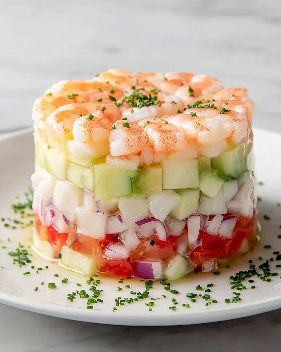 The dish is a neatly stacked, round tower with four distinct layers, each made of finely diced ingredients. The bottom layer is light green cucumber cubes, followed by a layer of white and purple diced onions mixed with red tomato pieces. The third layer is mostly white diced seafood, possibly scallop, with bits of red and green vegetables scattered inside. The top layer features neatly arranged, slightly overlapping cooked shrimp with a pale orange and white color, garnished with finely chopped green herbs sprinkled on top and around the base. It is served on a white plate resting on a white marbled surface. photo taken with an iphone --ar 4:5 --v 7