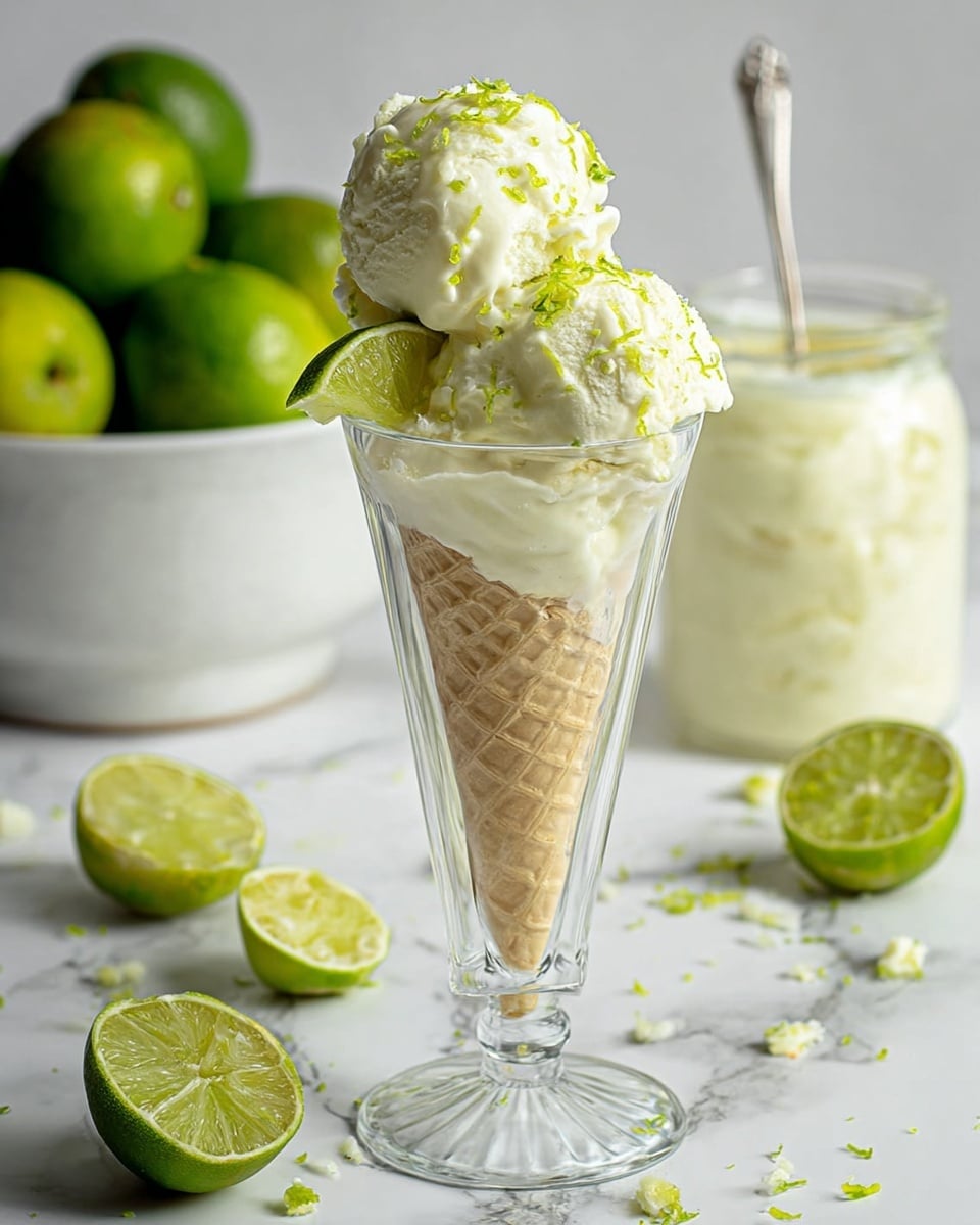 A tall clear glass cone holds two scoops of creamy white ice cream, slightly melting and textured with small soft lumps. The ice cream is decorated with thin bright lime green zest sprinkled on top and two fresh lime wedges tucked on opposite sides near the top edge. The glass sits on a white marbled surface scattered with small pieces of lime zest and segments of cut limes in various positions—halves, quarters, and whole. In the background, a white bowl is filled with whole and halved bright green limes to the left, and to the right, a clear glass jar with a pale yellow creamy substance and a spoon inside is placed slightly out of focus. photo taken with an iphone --ar 4:5 --v 7