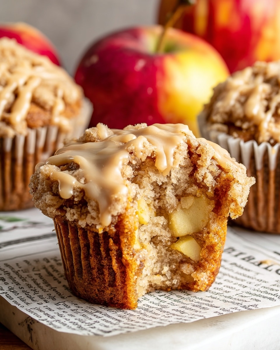 A close-up view of a single muffin with a light brown crumbly top layer drizzled with a smooth light beige glaze, sitting on printed paper on a white marbled surface. The muffin base is a dense, warm golden brown texture with visible ridges from the baking cup. In the blurred background, there are more muffins and bright red apples with yellow spots in a white bowl and scattered on the white marbled texture. photo taken with an iphone --ar 4:5 --v 7