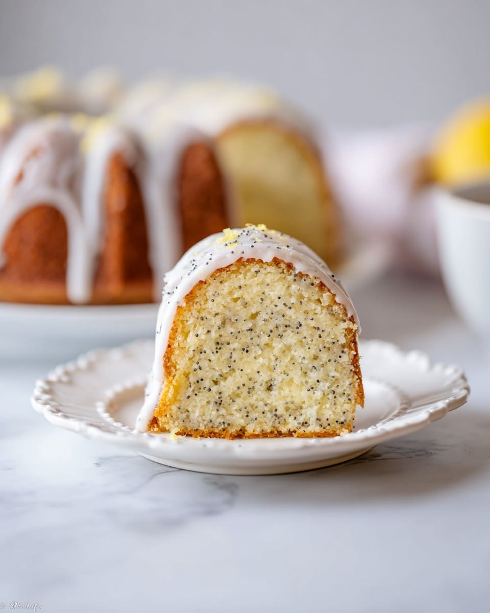 A single slice of lemon poppy seed bundt cake sits centered on a white plate with a delicate scalloped edge, showing one layer of moist, light yellow cake with tiny black poppy seeds spread evenly throughout, topped with a smooth, white glaze that drips gently down the sides and is sprinkled with a few poppy seeds. In the background, the rest of the bundt cake is slightly out of focus, displaying a ring shape with the same glaze covering it. The scene is set on a white marbled surface with soft lighting that highlights the texture of the cake and glaze. Photo taken with an iphone --ar 4:5 --v 7