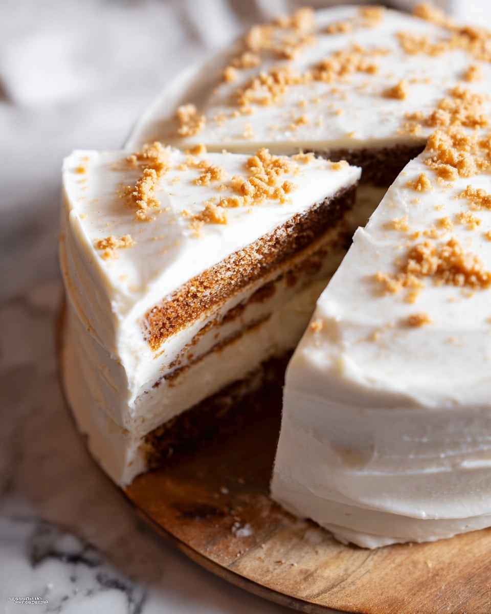 A close-up image of a cake with three visible layers, each covered in a smooth, creamy white frosting. The top layer has a thick, even coat of frosting with light brown crumbly bits scattered over it, adding texture. The middle layer shows a glimpse of the cake underneath the frosting, appearing slightly darker. A slice is cut and slightly pulled out, showing the thick frosting between the layers and the soft texture of the cake. The whole cake sits on a wooden board, with a white marbled textured surface underneath in the background. photo taken with an iphone --ar 4:5 --v 7