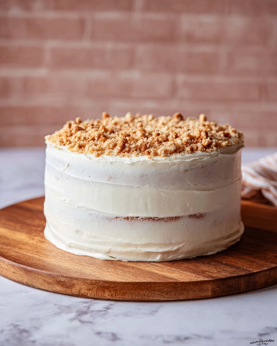 A round, two-layer cake sits on a wooden board, with smooth, creamy white frosting covering the outside. The frosting has a slightly textured look with some soft ridges and waves. On top, there is a loose, uneven layer of crushed nuts or crumbs that add a light brown, crumbly texture and contrast to the smooth frosting. The cake looks tall and thick, standing firmly with clean edges. The setting has a soft white marbled surface beneath the board and a blurry warm, pinkish brick wall in the background. photo taken with an iphone --ar 4:5 --v 7