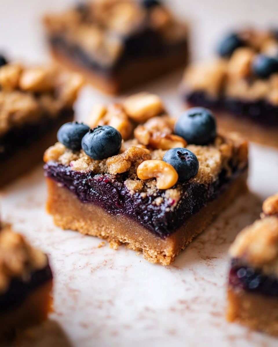 The image shows close-up square-shaped dessert bars with three visible layers. The bottom layer is a firm, light brown crust. The middle layer is a thick, dark purple filling that looks like blueberry jam. The top layer is crumbly and golden brown, sprinkled with small pieces of nuts and fresh whole blueberries. The bars are placed on a white marbled surface, and the focus is on one bar in the middle, with a blurred bar visible in the foreground and background. Photo taken with an iphone --ar 4:5 --v 7