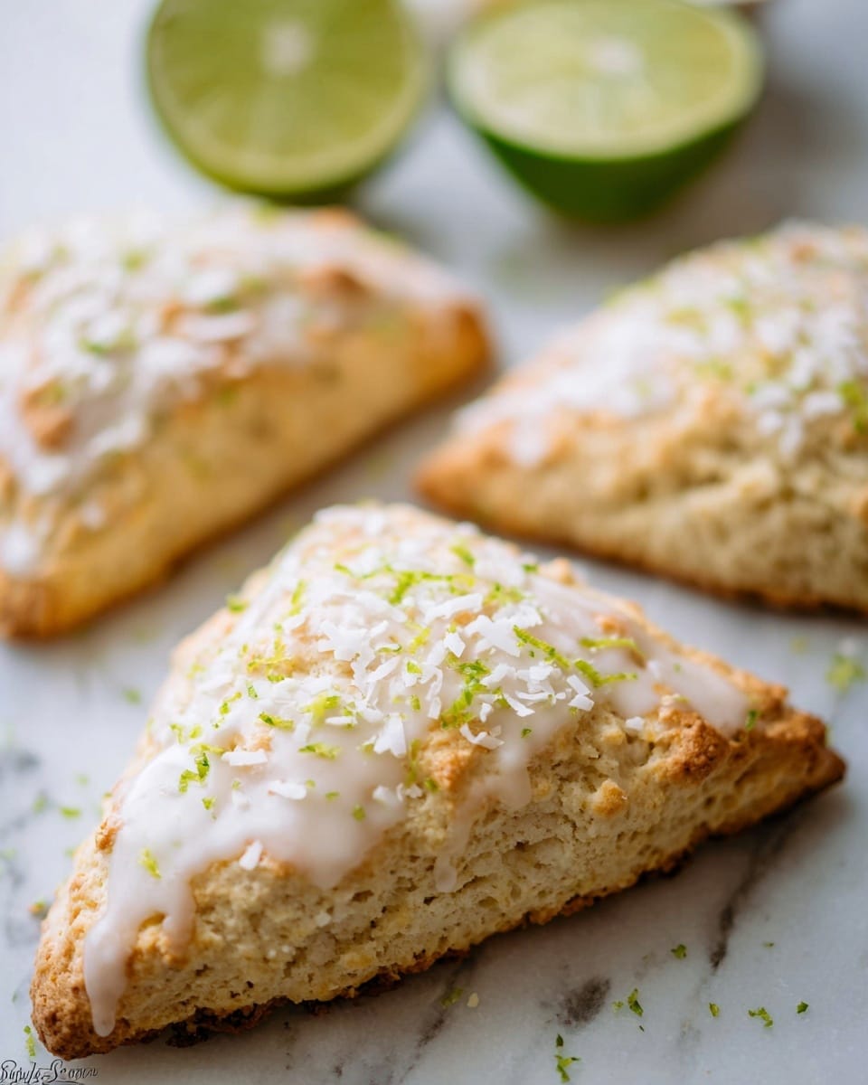 The image shows three triangular scones arranged close together on a white marbled surface. Each scone has a light golden-brown crust with a crumbly texture and is topped with a thin layer of shiny white glaze. There are small white coconut flakes scattered on top, adding texture and a slightly rough appearance. Small bits of green lime zest are sprinkled evenly over the glaze and coconut flakes, giving a fresh touch of color. In the background, two lime halves are slightly blurred, adding a fresh green contrast to the warm tones of the scones. photo taken with an iphone --ar 4:5 --v 7