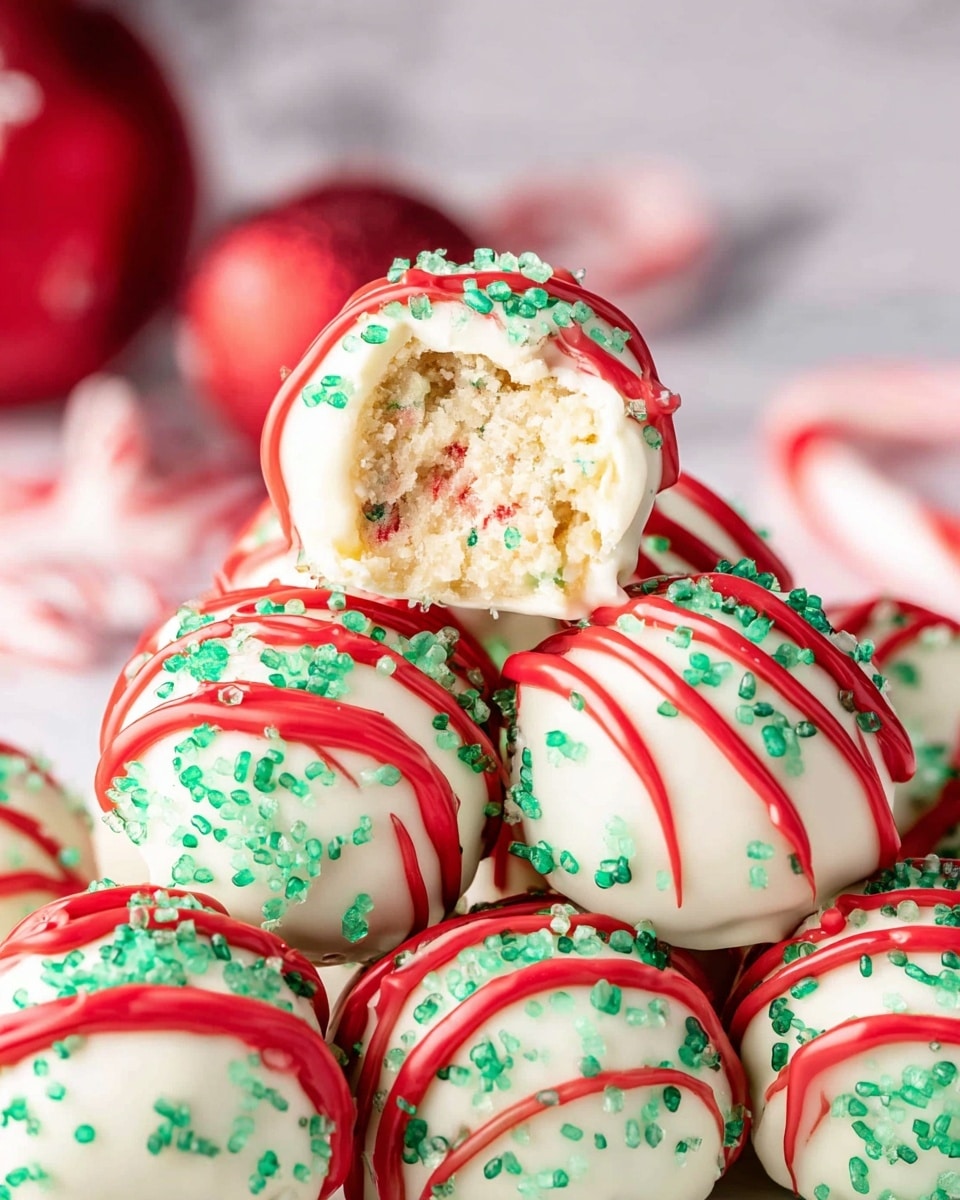 A close-up view of a stack of round, white-coated treats covered with green sugar sprinkles and drizzled with bright red icing. The top treat has a bite taken out, showing a creamy, slightly crumbly beige inside with small colored bits. The treats are piled together on a white marbled surface, with blurry red and white peppermint decorations in the background. The texture of the treats looks smooth outside with a soft, dense filling inside. photo taken with an iphone --ar 4:5 --v 7