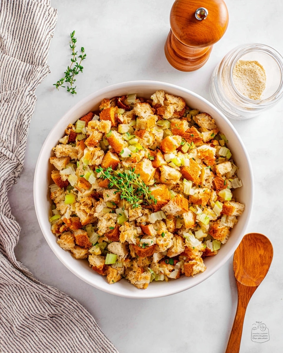 A white bowl sits on a white marbled surface filled with a mixture of stuffing bread cubes, diced celery, and chopped onions. The bread cubes are golden brown and some pieces have a crunchy texture, while the celery adds a fresh, light green color scattered throughout. On top, there is a small sprig of fresh green herb for garnish. To the right of the bowl, a glass container with a wooden spoon and some powder inside, along with a wooden pepper grinder, are placed. A folded striped cloth is at the bottom left corner beside the bowl. photo taken with an iphone --ar 4:5 --v 7