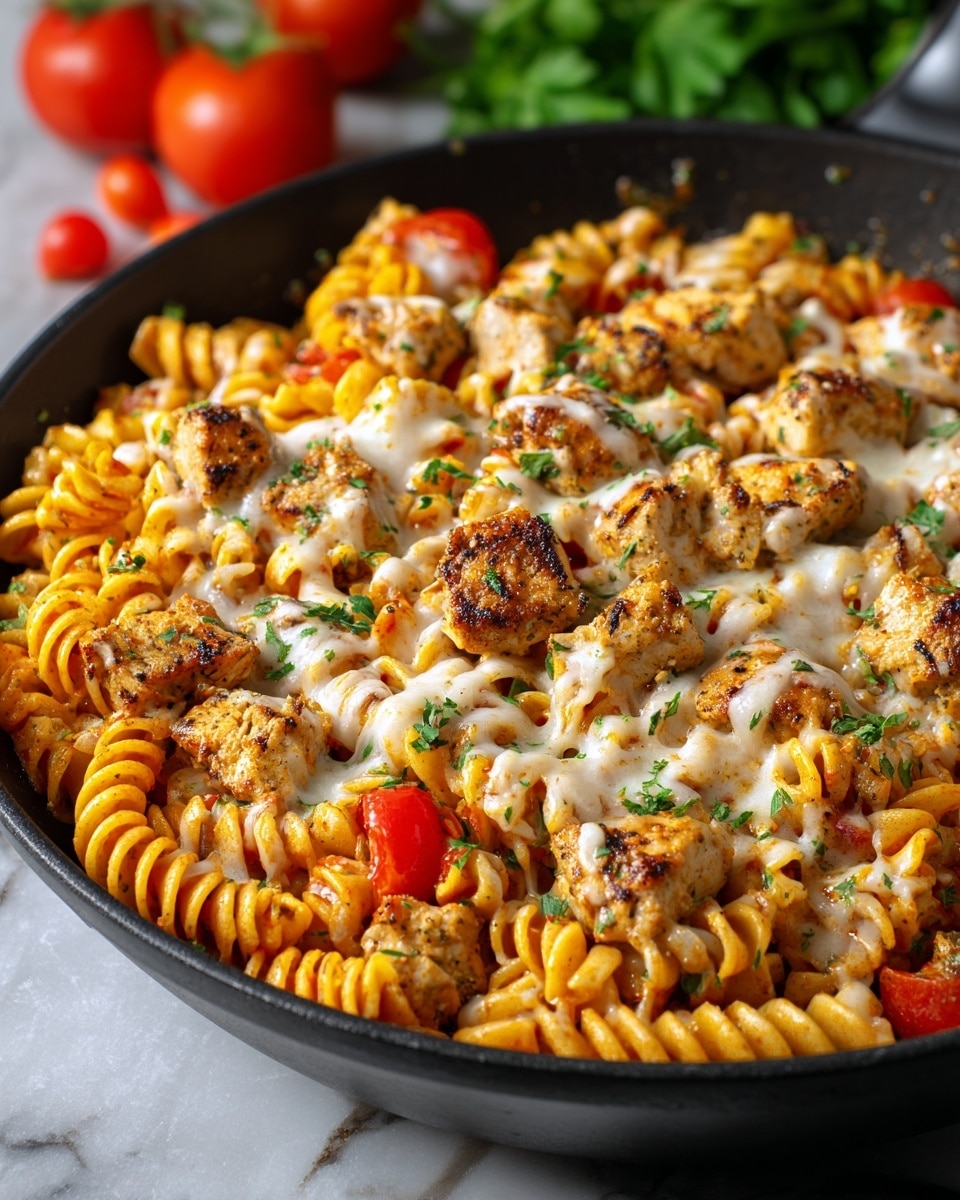 A black pan filled with a creamy rotini pasta dish featuring several layers, starting with orange-colored pasta spirals mixed with bright red cherry tomato pieces. On top, there are many chunks of grilled chicken with a golden brown, slightly charred texture. Melted white cheese drapes over the chicken and pasta in uneven patches, adding a smooth, creamy layer. Finally, the dish is sprinkled with small green parsley bits that add color contrast. The pan rests on a white marbled surface with some whole tomatoes and green leaves blurred in the background. photo taken with an iphone --ar 4:5 --v 7