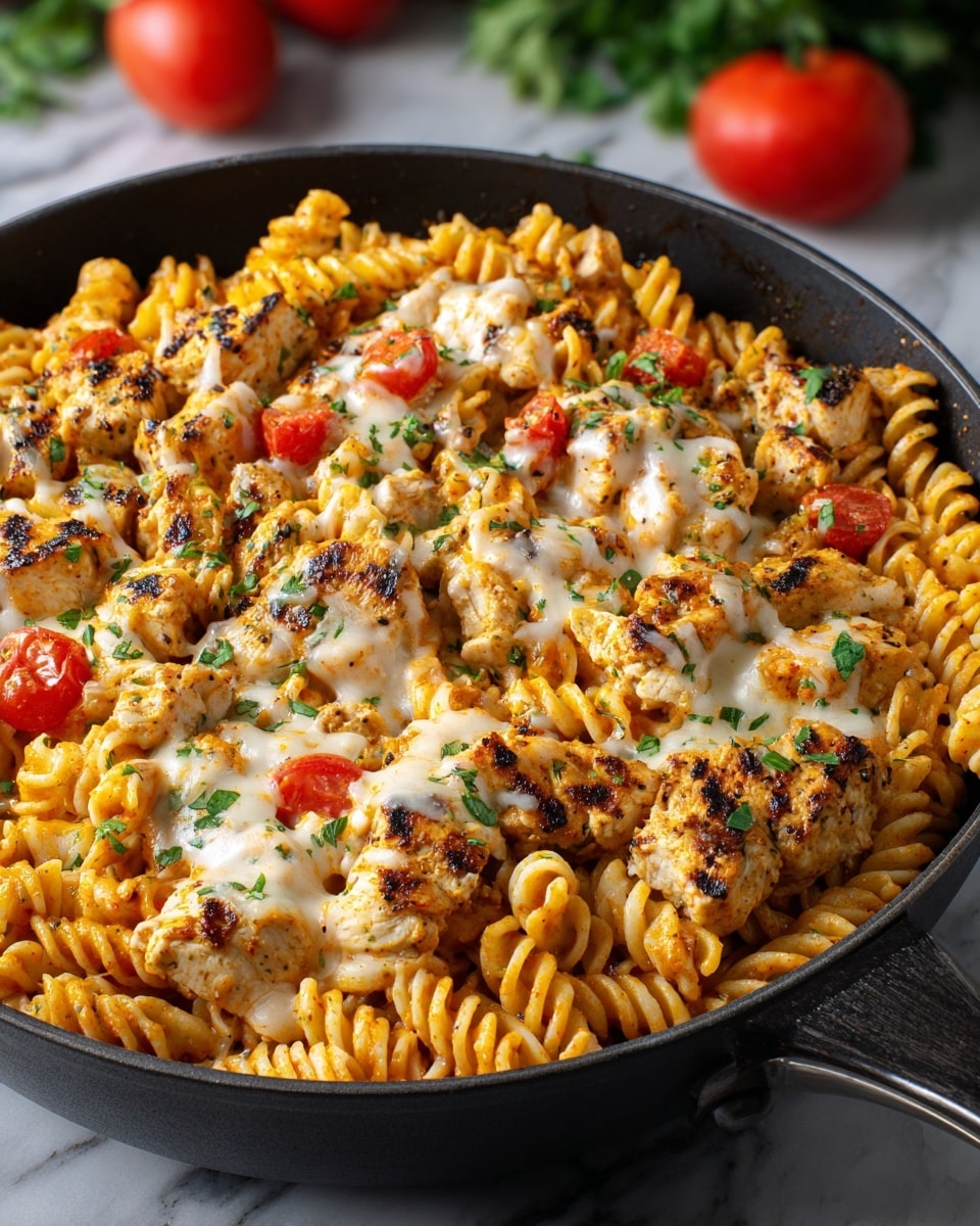 A black pan filled with cooked rotini pasta tossed in a light orange sauce, mixed with chunks of grilled chicken that are golden brown with blackened grill marks. Scattered throughout are small pieces of bright red cherry tomatoes and melted white cheese draped over the chicken and pasta. The whole dish is sprinkled with chopped green herbs. Two red tomatoes and green leaves appear blurred in the white marbled background. Photo taken with an iphone --ar 4:5 --v 7