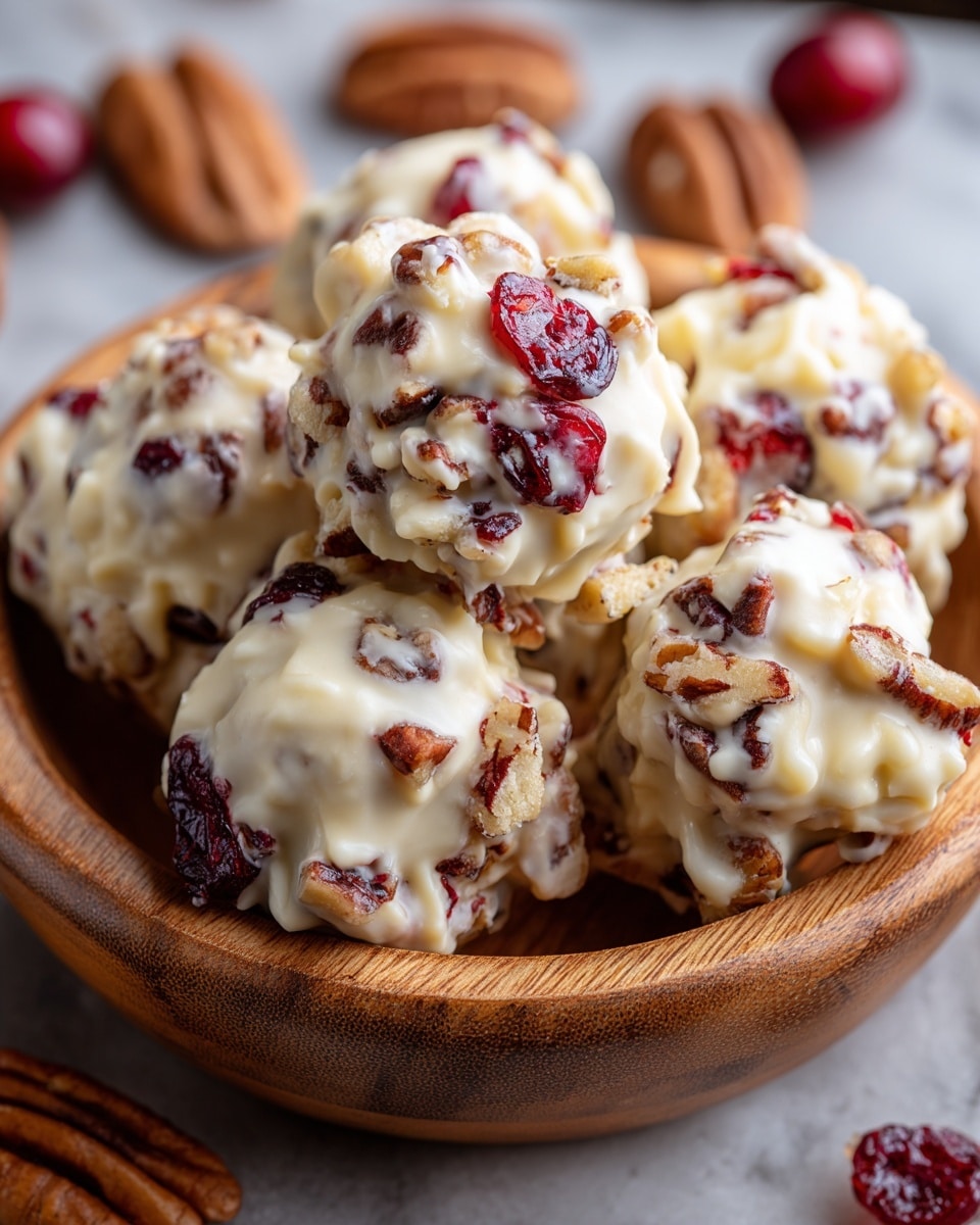 A close-up of six round clusters coated in creamy white chocolate with visible chunks of red dried cranberries and pieces of brown pecans all mixed inside, arranged in a natural wood bowl sitting on a white marbled textured surface. The clusters are uneven and textured with bits of nuts and dried fruit sticking out, giving a rough appearance, while the white chocolate coating is smooth and glossy, covering most of each piece. Scattered whole pecans and dried cranberries are placed around the bowl in soft focus. photo taken with an iphone --ar 4:5 --v 7