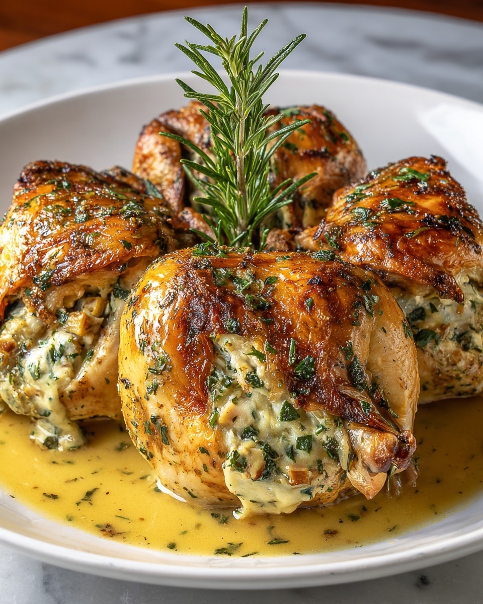 Three small roasted chickens with crispy, golden-brown skin speckled with green herbs sit closely on a white plate. Each chicken is stuffed with a creamy filling that has visible bits of herbs and small pieces of vegetables, showing a soft texture contrasting with the crispy exterior. The plate holds a shallow pool of yellowish-brown gravy with herbs scattered throughout, adding a glossy finish. A sprig of fresh rosemary stands upright in the center, adding a touch of green and freshness to the arrangement. The scene is set on a white marbled surface. photo taken with an iphone --ar 4:5 --v 7