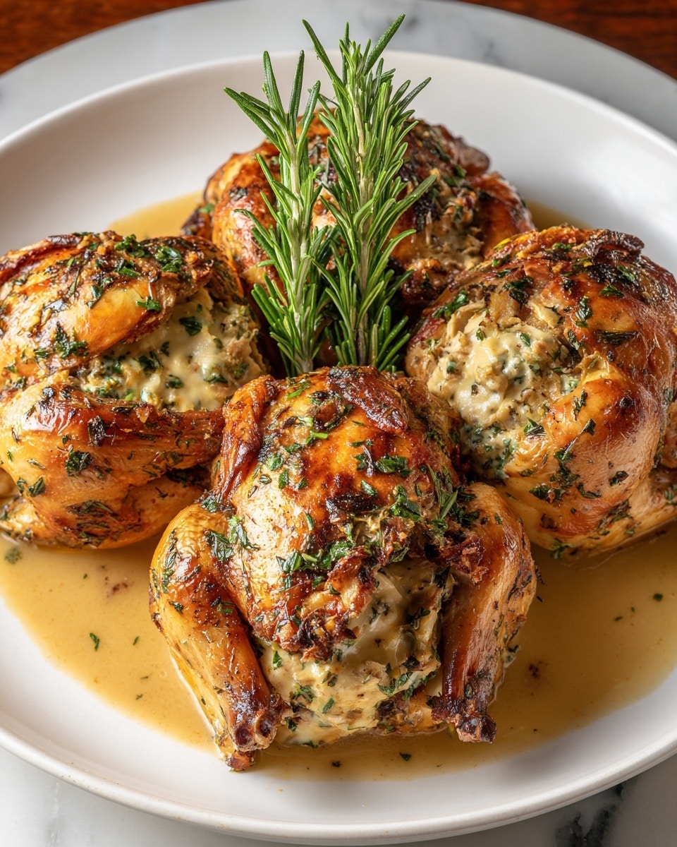 Three roasted stuffed chickens with a crispy, golden-brown skin speckled with green herbs sit closely together on a white plate. Each chicken is stuffed with a creamy mixture, visible from the open cavity, which has bits of herbs and a slightly chunky texture. The plate is covered with a light brown sauce that pools around the base of the chickens, adding shine and moisture to the dish. Sprigs of fresh green rosemary stand upright in the center at the back, adding height and color contrast. The scene is set against a white marbled texture visible around the plate's edges. photo taken with an iphone --ar 4:5 --v 7
