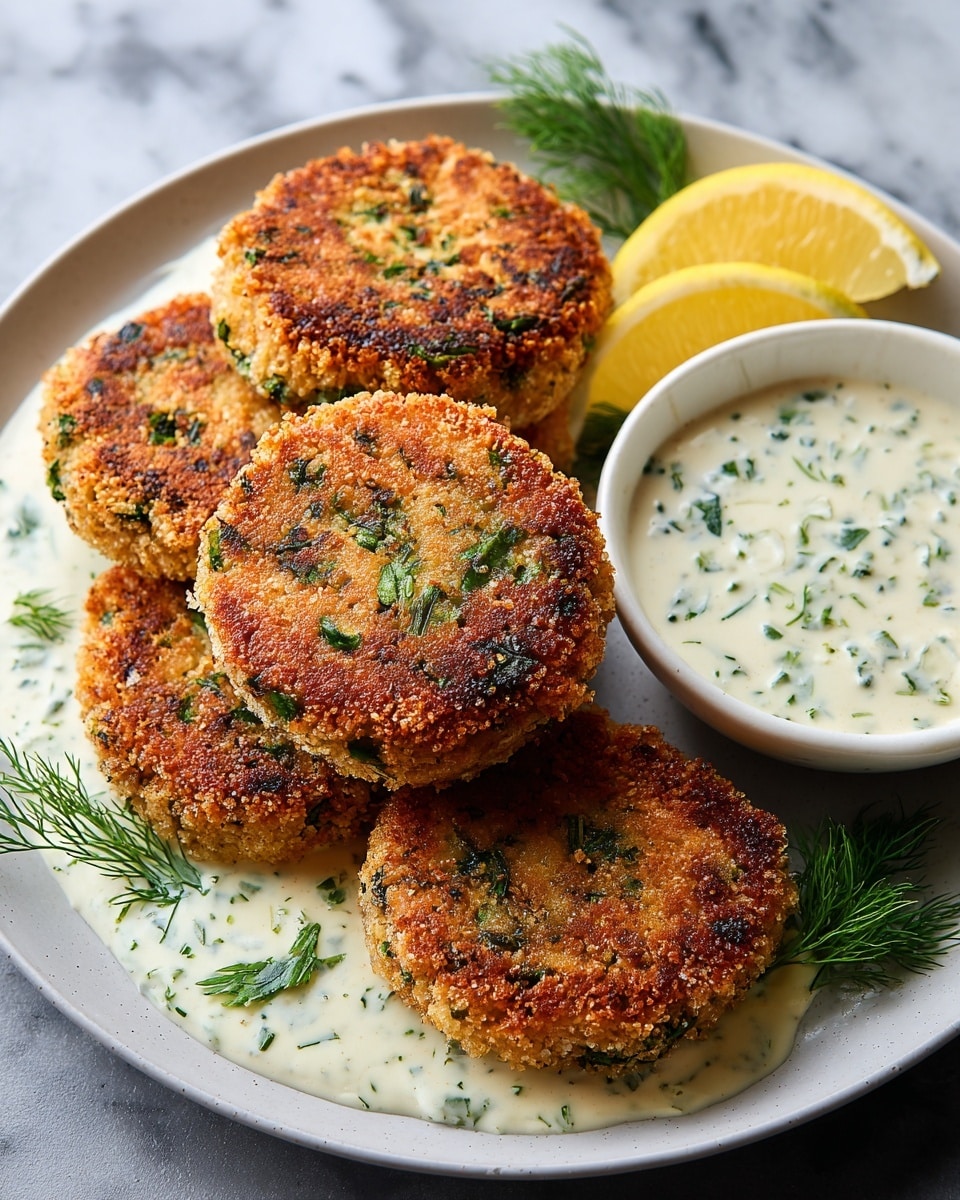 A white plate holds five golden-brown, crispy patties arranged in a slightly overlapping stack, each patty showing a textured, crunchy surface with flecks of green herbs baked in. The patties sit on a creamy white sauce speckled with green herbs, spreading thinly beneath them on the plate. To the right, a small white bowl filled with the same creamy, herb-speckled sauce sits next to two lemon wedges with a bright yellow color and sprigs of fresh green dill scattered around. The background is a white marbled texture. photo taken with an iphone --ar 4:5 --v 7