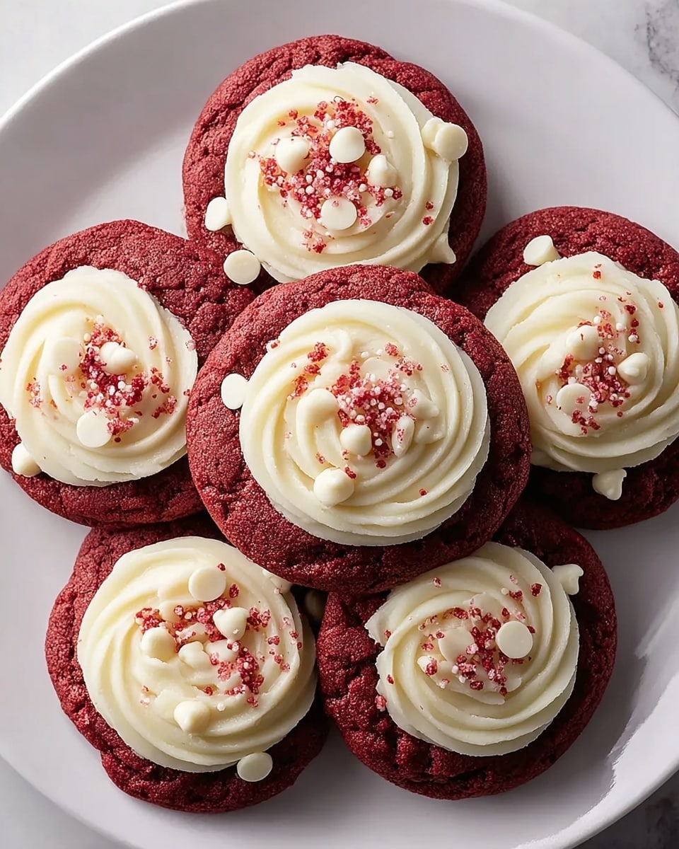 A group of six red velvet cookies arranged in a circle on a white plate, each cookie topped with a swirl of smooth, creamy white frosting in the center. Small white chocolate chips are scattered around the frosting on each cookie, along with tiny sprinkles of red crumbs adding texture and color contrast on the frosting. The cookies have a slightly rough, soft baked look with rich red color. The plate is placed on a white marbled surface photo taken with an iphone --ar 4:5 --v 7