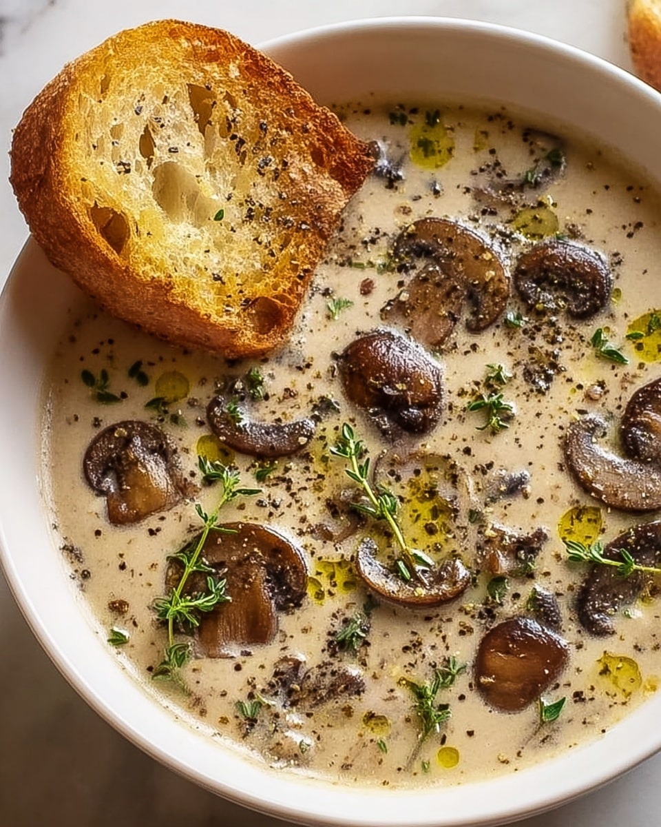 A white bowl filled with a creamy mushroom soup, showing one layer of beige cream base with sautéed brown mushroom slices scattered throughout. The soup surface has a light drizzle of green olive oil and small sprigs of fresh green thyme spread over it, sprinkled with black pepper for texture. On the left edge of the bowl, a toasted piece of golden brown bread with visible air holes rests slightly inside the soup. The bowl sits on a white marbled surface. Photo taken with an iphone --ar 4:5 --v 7