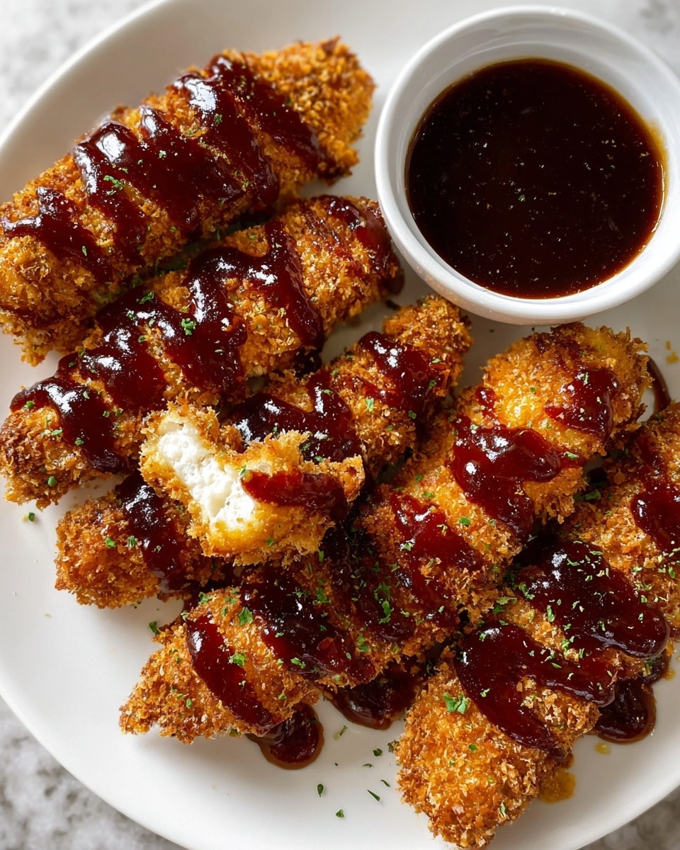 The image shows a white round plate holding eight golden-brown crispy fried chicken strips arranged in two rows. Each crispy strip has a rough, textured coating with glistening dark reddish-brown sauce drizzled generously on top in streaks, giving a shiny and moist look. One strip is slightly broken to show the white, tender meat inside. There are some small green herb sprinkles scattered over the chicken pieces. On the plate’s upper right side, there is a small white round bowl filled with the same dark sauce that looks thick and glossy. The plate is set on a white marbled surface. photo taken with an iphone --ar 4:5 --v 7