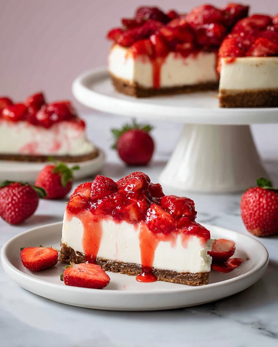 A slice of cheesecake on a white plate with a brown crust layer at the bottom, topped with a thick white creamy layer in the middle, and bright red strawberry pieces covered with glossy strawberry sauce on top, dripping slightly down the sides. Whole and halved strawberries are scattered around the plate. In the background, a white cake stand holds the rest of the cheesecake with the same three layers, also topped with red strawberries and sauce, with more strawberries around on a white marbled surface. Photo taken with an iphone --ar 4:5 --v 7