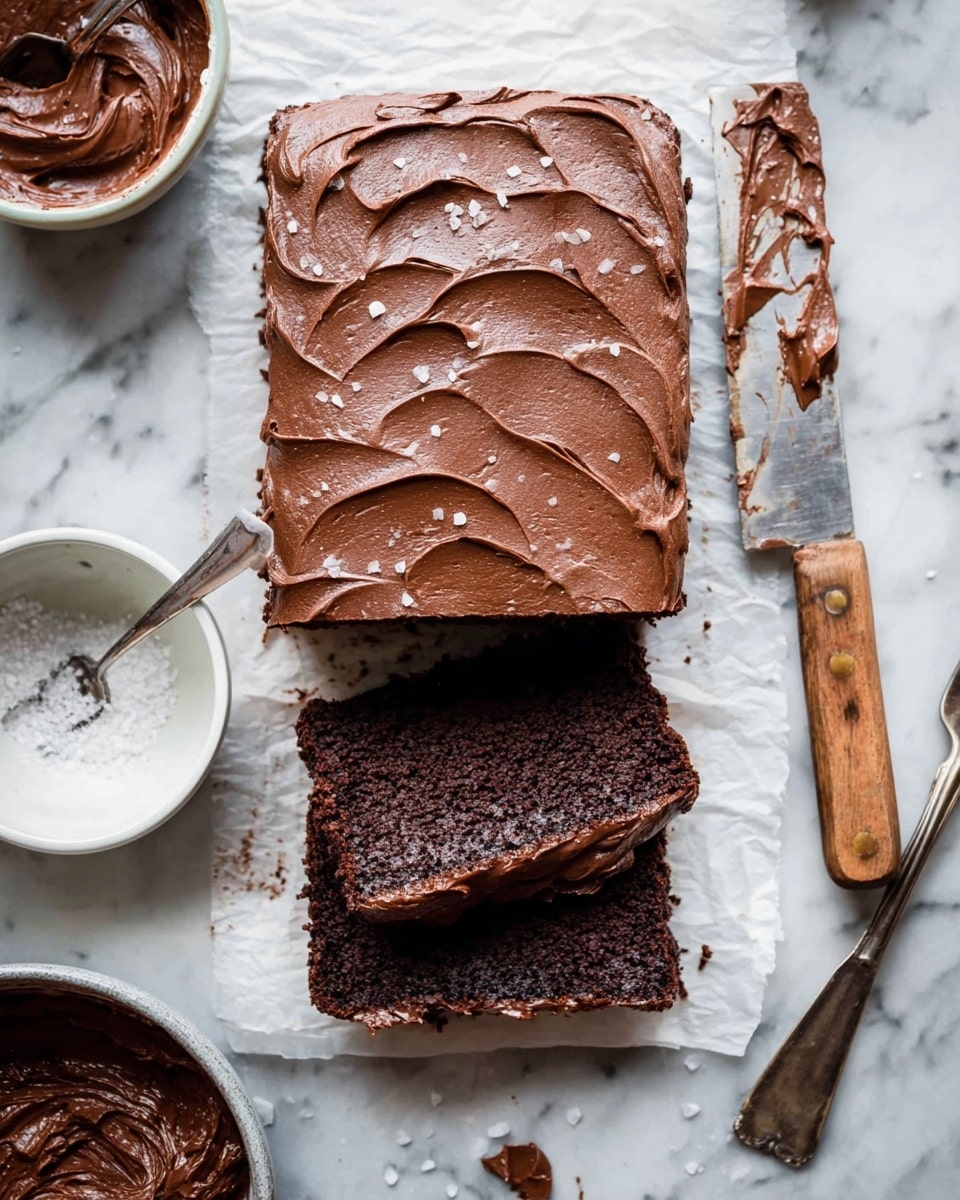 A rectangular chocolate cake with two visible layers is shown on white parchment paper over a white marbled surface. The top layer is thick and spread with smooth, swirled dark chocolate frosting, giving a rich and creamy look. The bottom cake layer is dense with a slightly crumbly texture and dark brown color, contrasting with the glossy frosting layer in between. Two slices are cut and laid in front of the uncut portion, clearly showing the two-layer structure. Surrounding the cake are white bowls, one filled with more chocolate frosting and another with coarse salt, and a knife with a wooden handle smeared with chocolate. A woman's hand holding a fork is also visible resting near the bowls. photo taken with an iphone --ar 4:5 --v 7