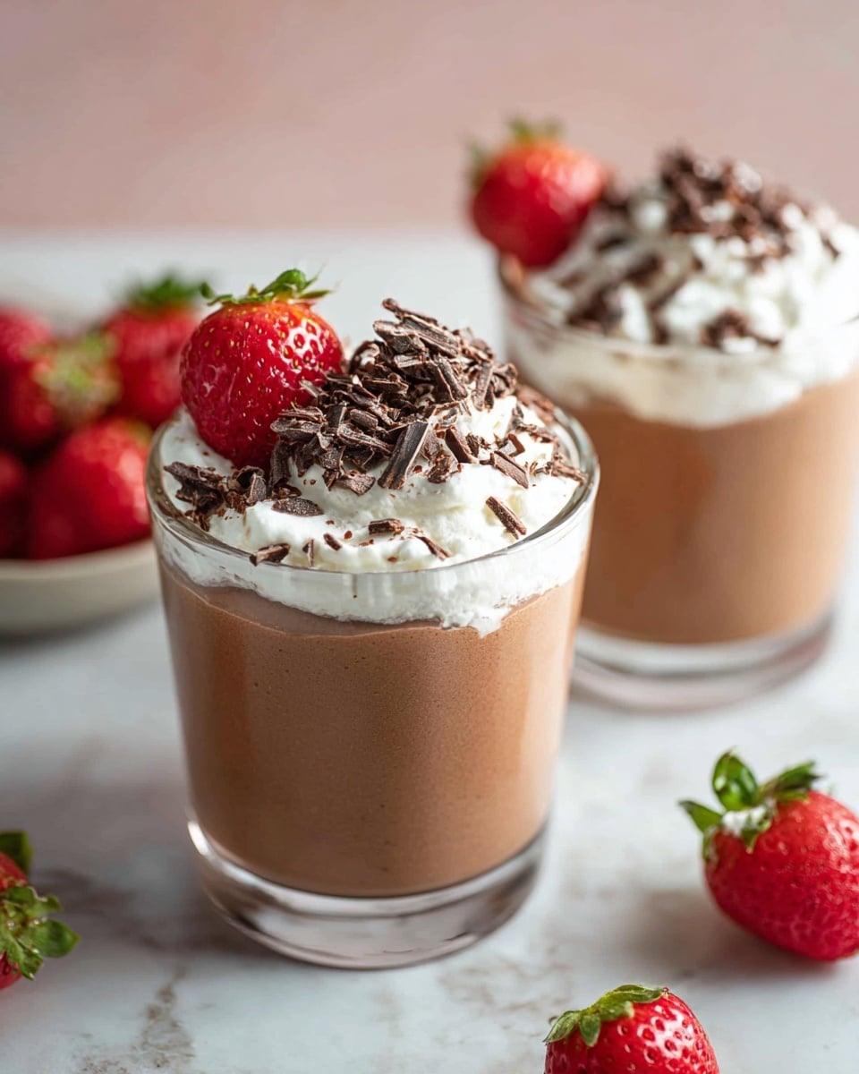 The image shows two clear glasses filled with three layers. The bottom layer is light brown creamy chocolate mousse that fills most of the glass. On top is a thick layer of white whipped cream with a soft texture that covers the mousse. The whipped cream is decorated with dark chocolate shavings scattered across and two fresh red strawberries with green leaves placed on one side of each glass. The glasses sit on a white marbled surface, and a few more bright red strawberries are scattered around in the background. Photo taken with an iphone --ar 4:5 --v 7