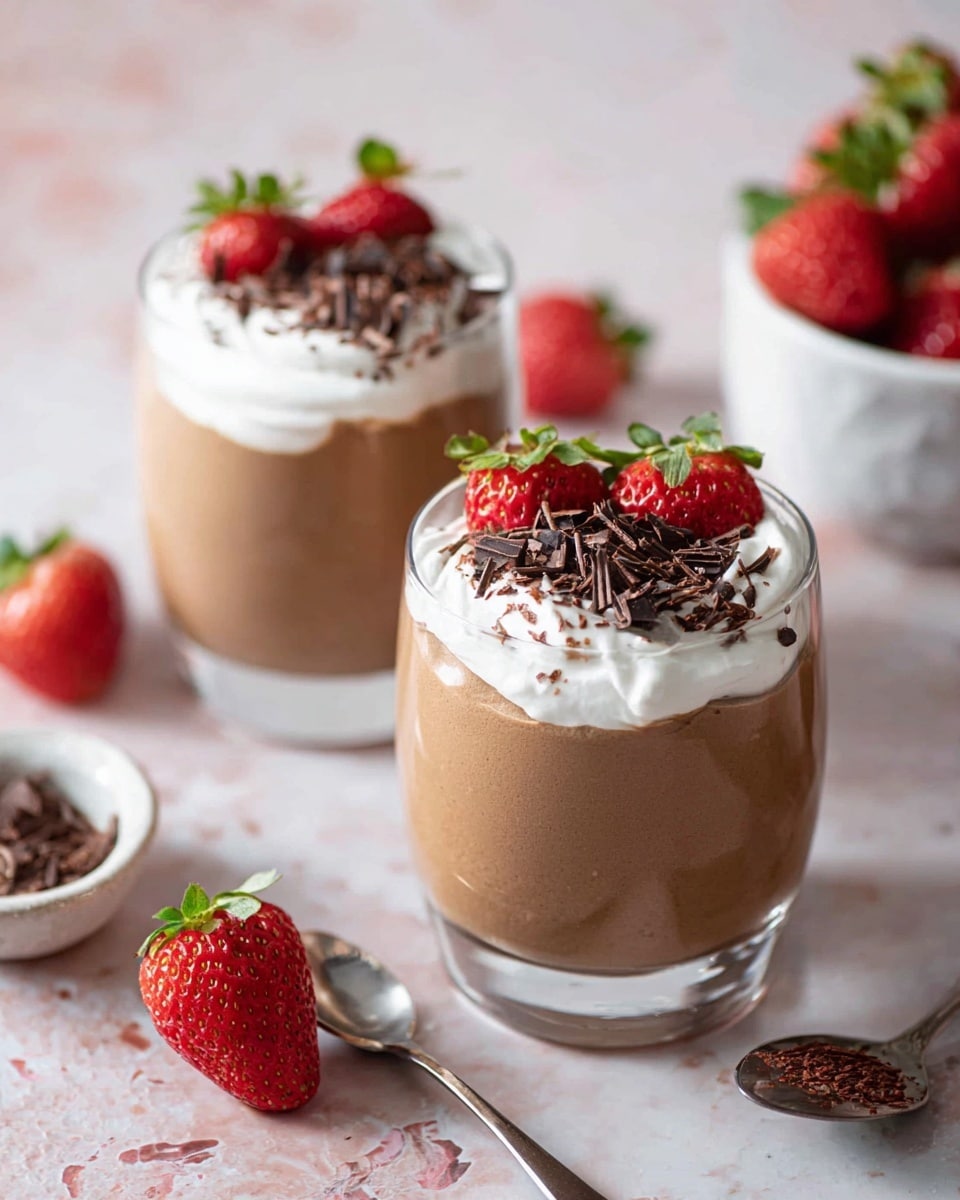 Two clear glasses each have three layers: a thick light brown mousse filling most of the glass, topped with a white whipped cream layer, and decorated with small red strawberries with green leaves and dark chocolate shavings on top. The glasses sit on a surface with a white marbled texture. There are whole strawberries scattered around and a white bowl filled with strawberries blurred in the background. A spoon with some mousse and a small bowl of chocolate shavings are also visible. Photo taken with an iphone --ar 4:5 --v 7