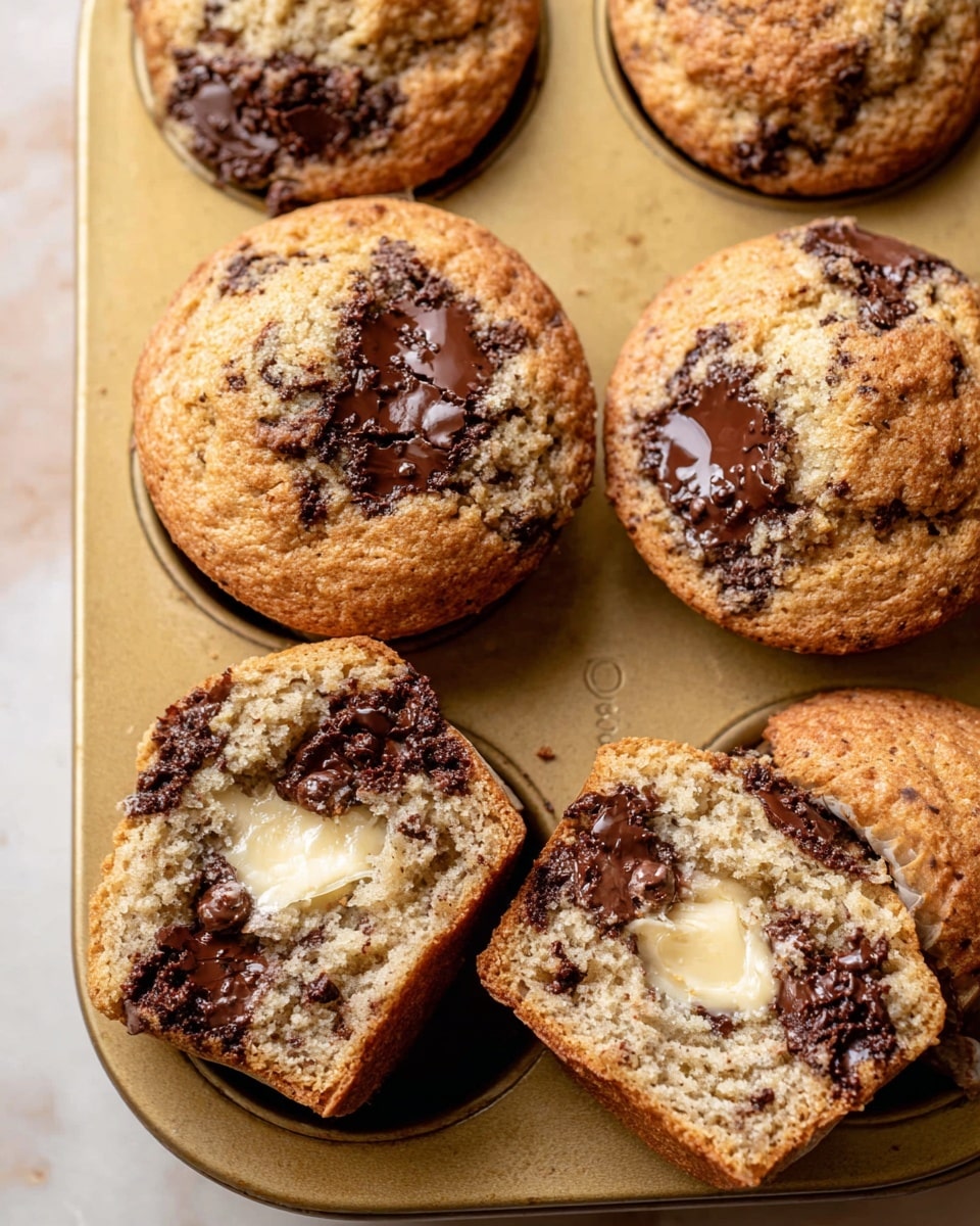 A close-up view of five chocolate chip muffins in a gold-colored muffin tray, with one muffin cut in half and showing its soft, light brown inside full of melted dark chocolate chunks, topped with creamy melted butter that looks smooth and shiny; the muffins have a slightly rough, crumbly texture on top with irregular dark melted chocolate patches, and the tray sits on a white marbled surface. photo taken with an iphone --ar 4:5 --v 7