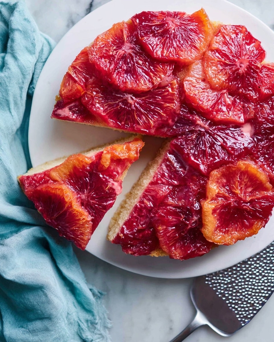 A round upside-down cake with one visible slice cut out and placed slightly separate, topped with thick layers of glossy, deep red and some orange citrus slices that have a juicy, slightly translucent texture. Beneath the fruit layer is a pale, soft, spongy cake base. The cake rests on a white plate on a white marbled surface, with a textured serving spatula partially visible under the slice at the bottom. A soft, light blue cloth is seen to the left edge of the image. Photo taken with an iphone --ar 4:5 --v 7