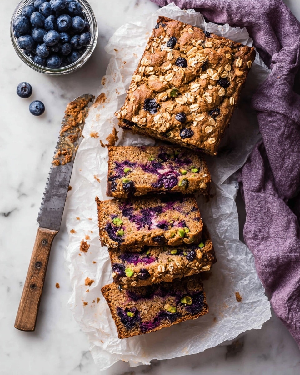 A sliced loaf of blueberry bread rests on crumpled white parchment paper over a white marbled surface, showing five pieces with a golden brown crust speckled with oats on top and a dense, moist inside full of bright purple blueberries and bits of green pistachio. Next to the loaf, there is a wooden-handled serrated knife with crumbs on the blade, and to the upper left, a glass jar filled with fresh blueberries, with a few loose berries scattered around. A soft purple cloth lies partly under the jar. photo taken with an iphone --ar 4:5 --v 7